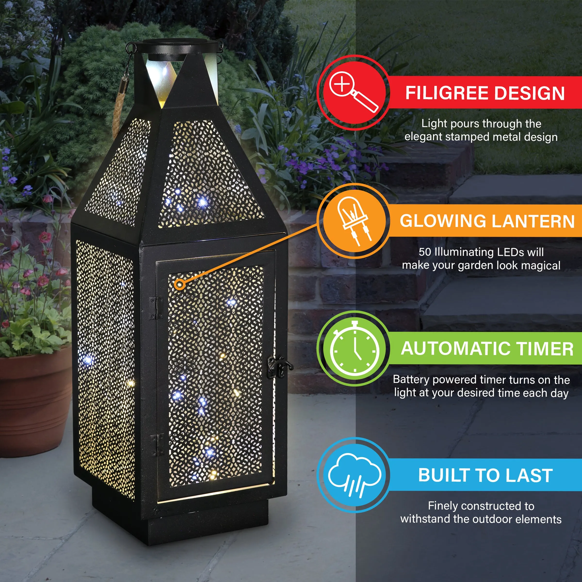 Black Metal Filigree Lantern with Fifty LED Lights on a Battery Timer, 22 Inch