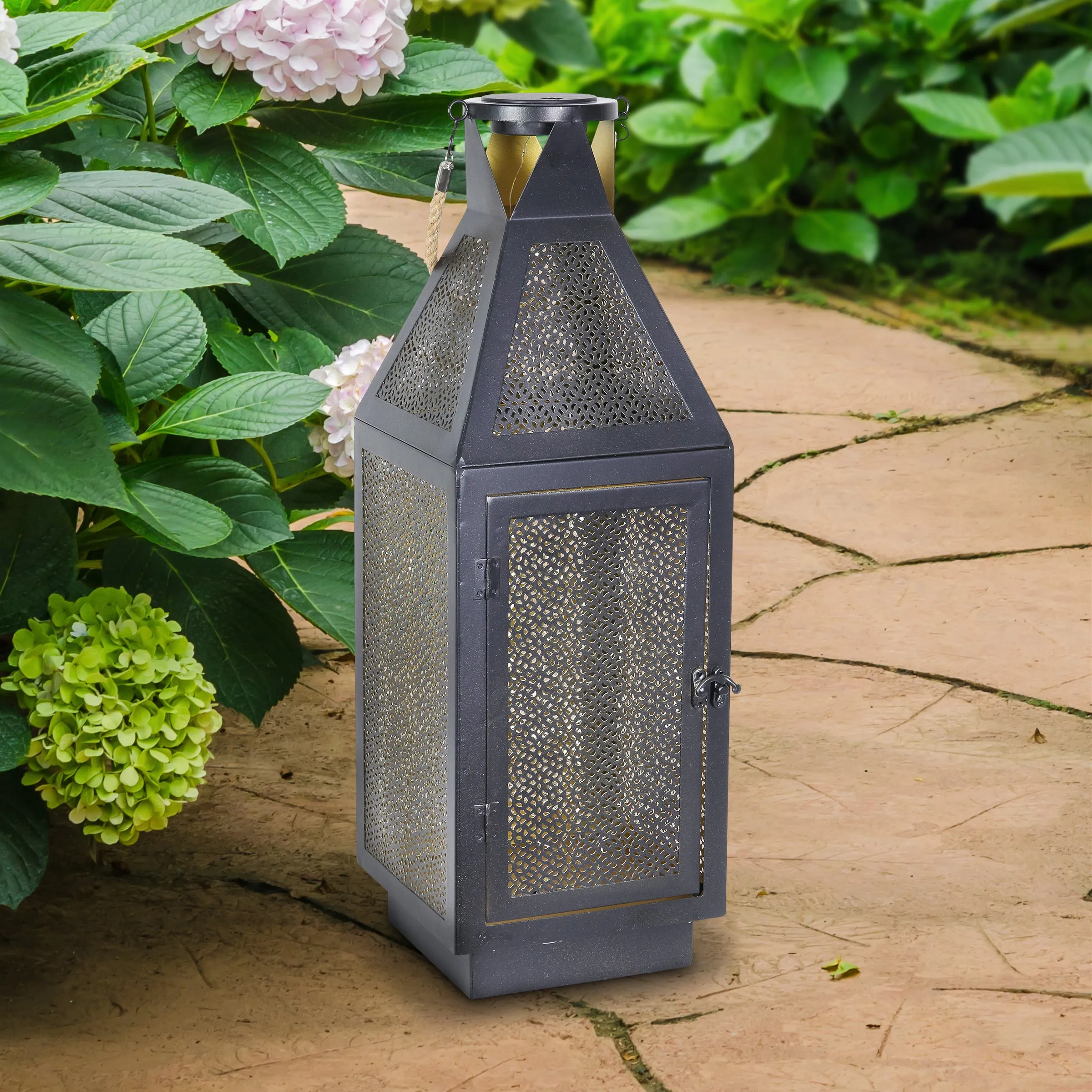 Black Metal Filigree Lantern with Fifty LED Lights on a Battery Timer, 22 Inch