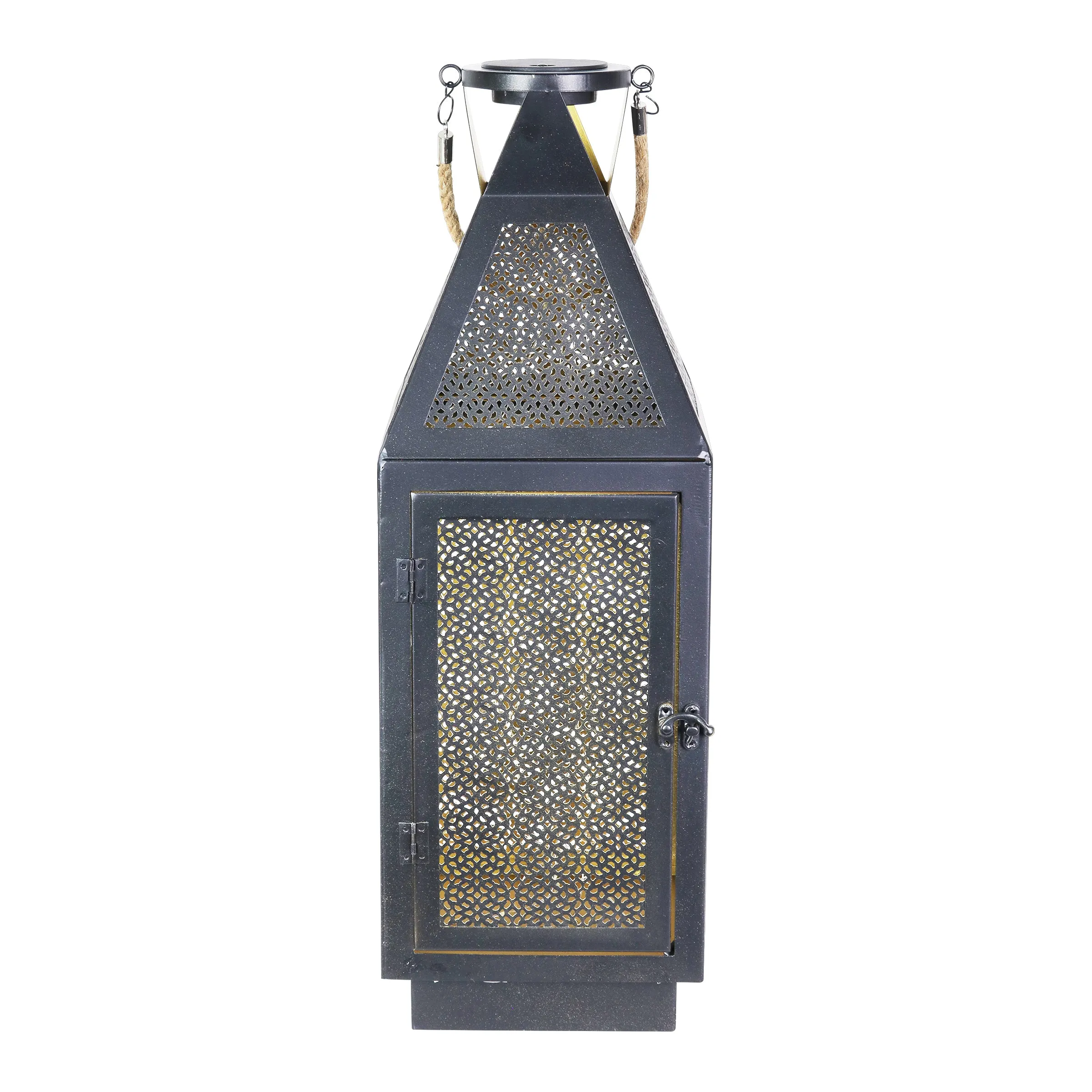 Black Metal Filigree Lantern with Fifty LED Lights on a Battery Timer, 22 Inch