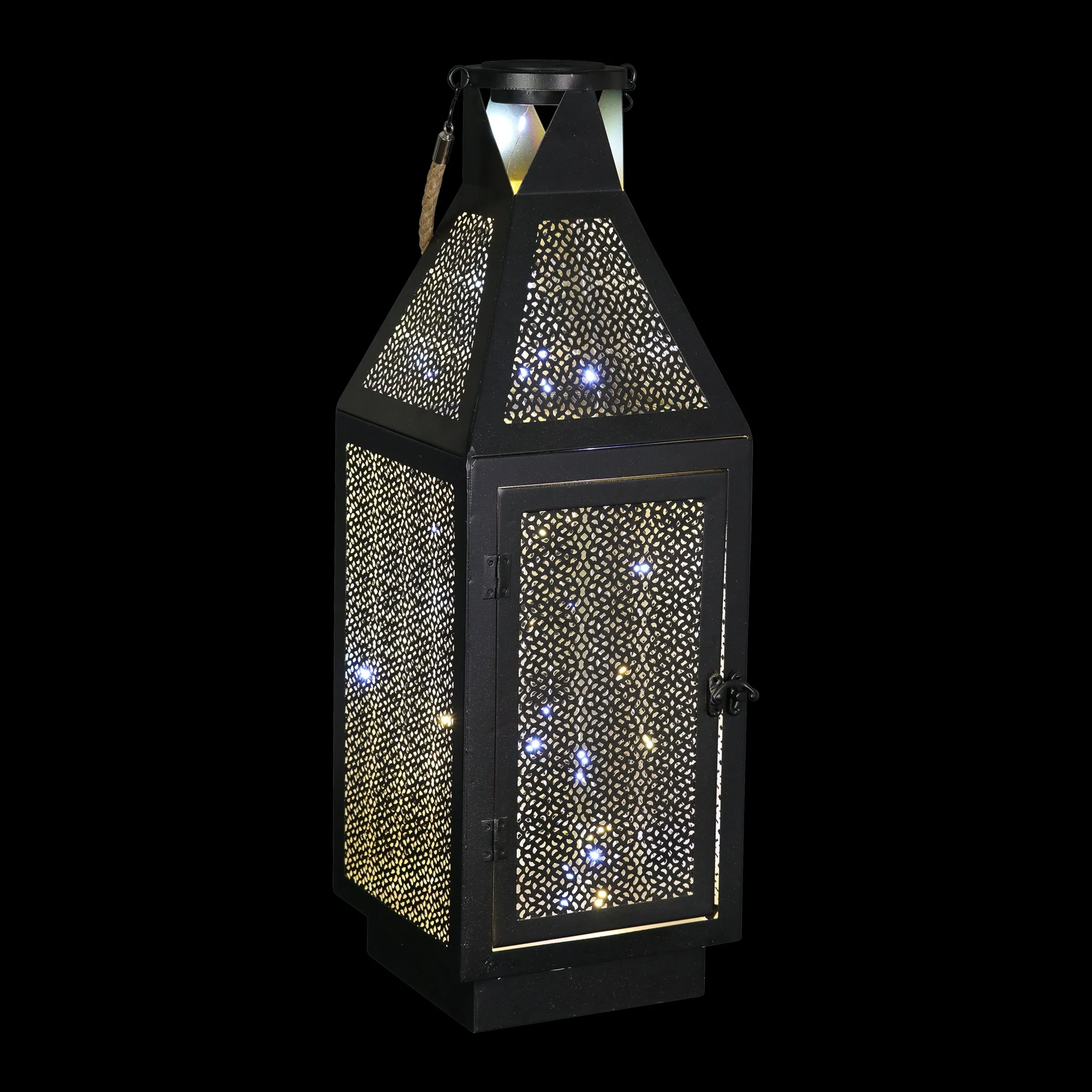 Black Metal Filigree Lantern with Fifty LED Lights on a Battery Timer, 22 Inch