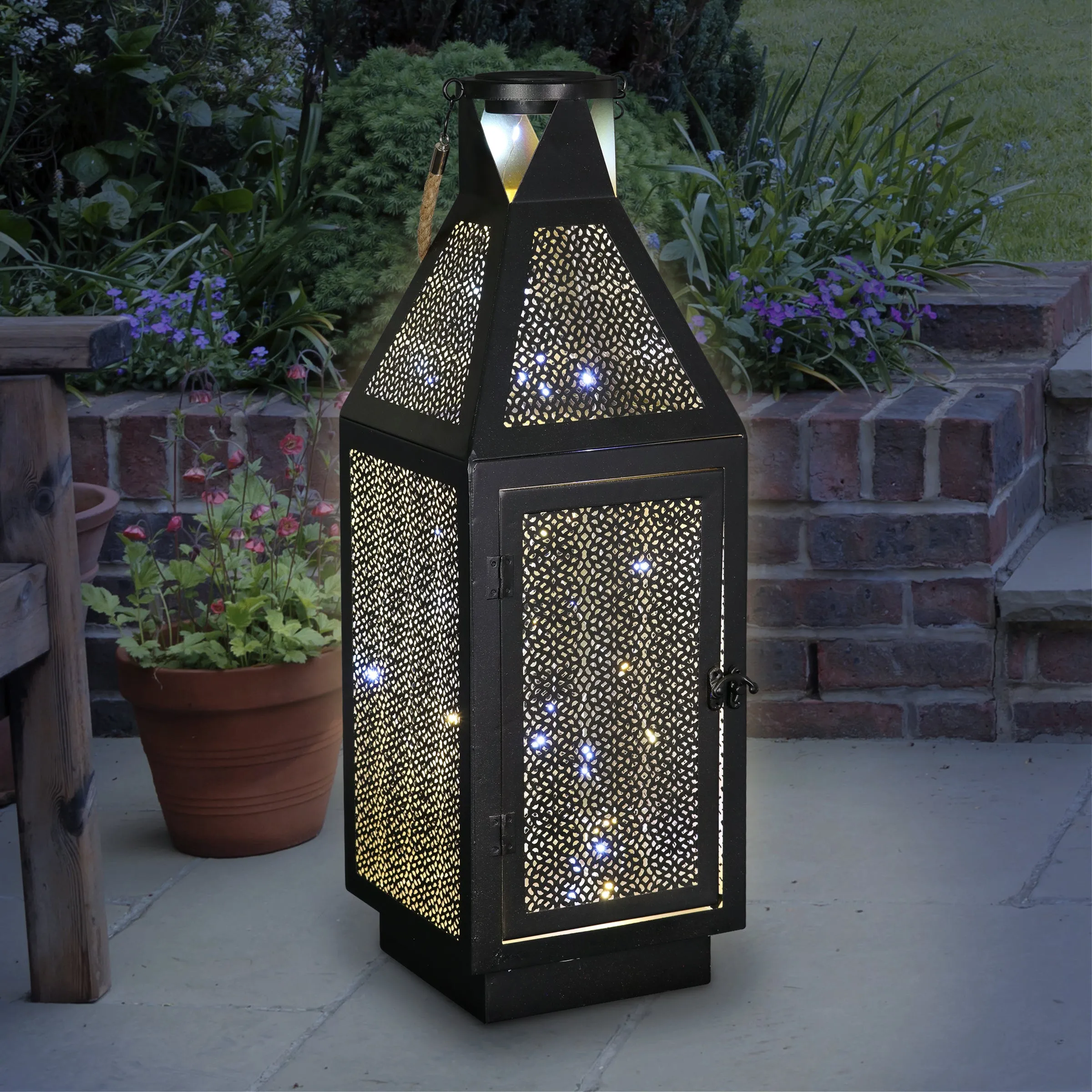 Black Metal Filigree Lantern with Fifty LED Lights on a Battery Timer, 22 Inch