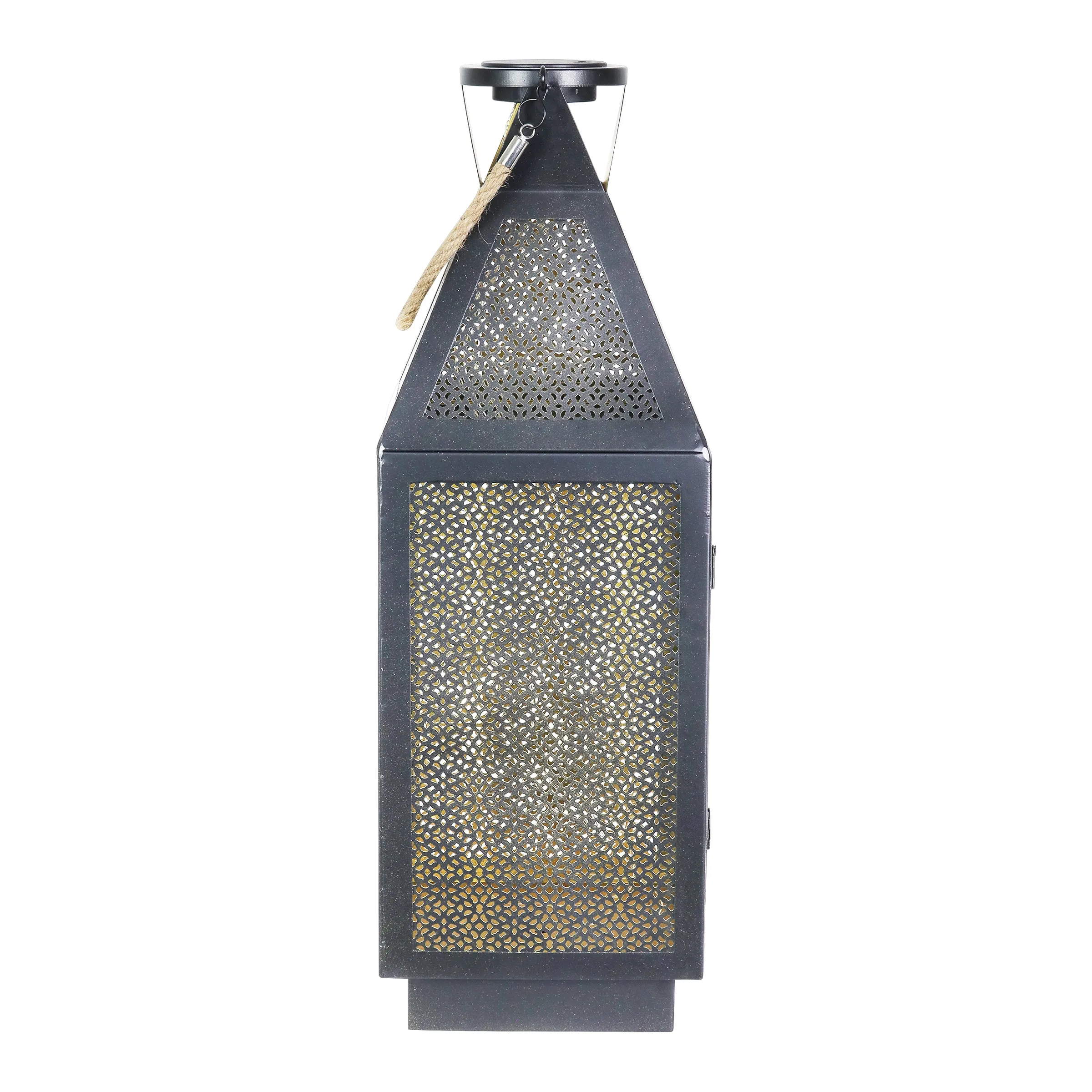 Black Metal Filigree Lantern with Fifty LED Lights on a Battery Timer, 22 Inch