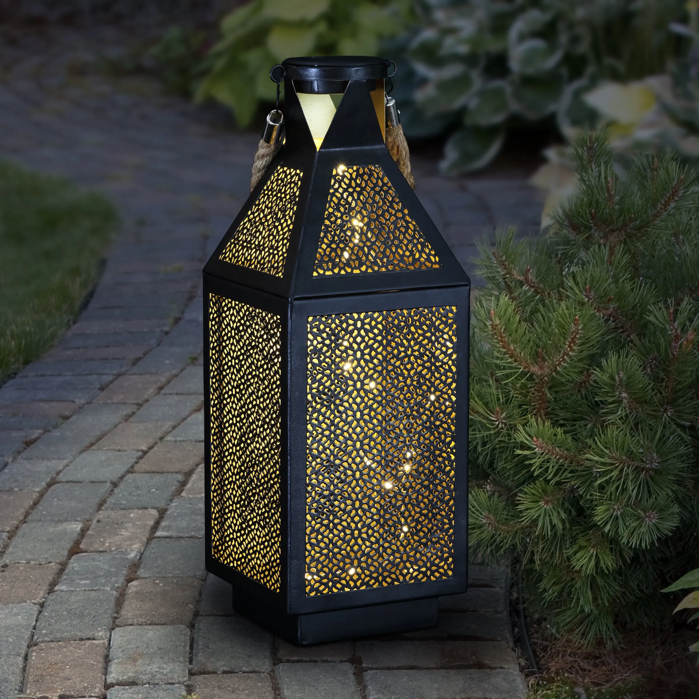 Black Metal Filigree Lantern with Twenty LED Lights on a Battery Timer, 16 Inch