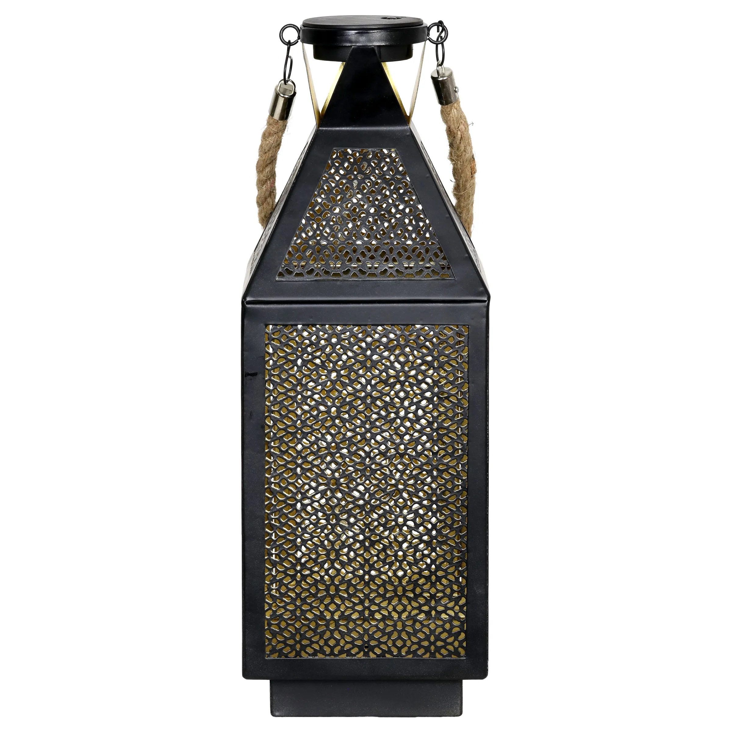 Black Metal Filigree Lantern with Twenty LED Lights on a Battery Timer, 16 Inch