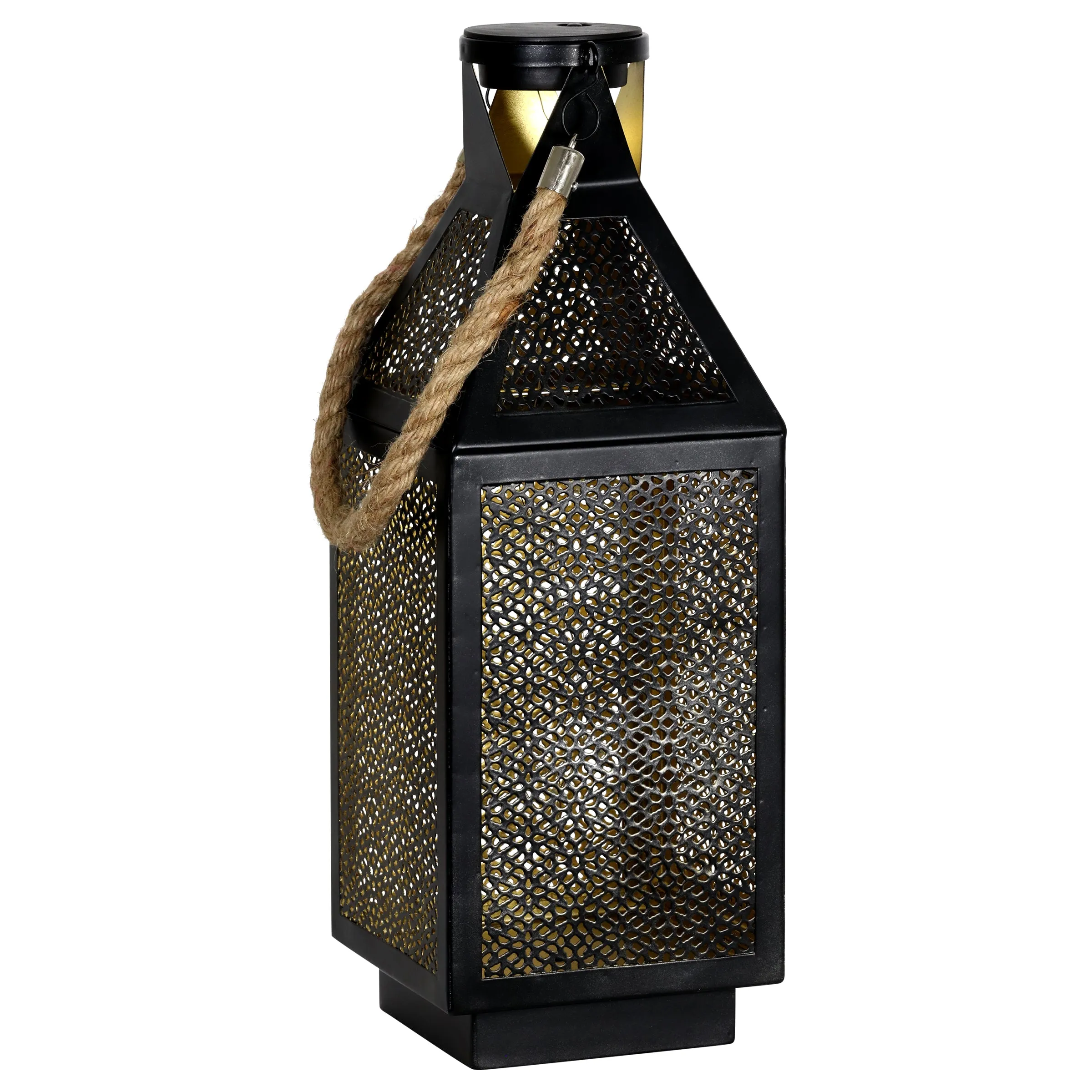 Black Metal Filigree Lantern with Twenty LED Lights on a Battery Timer, 16 Inch