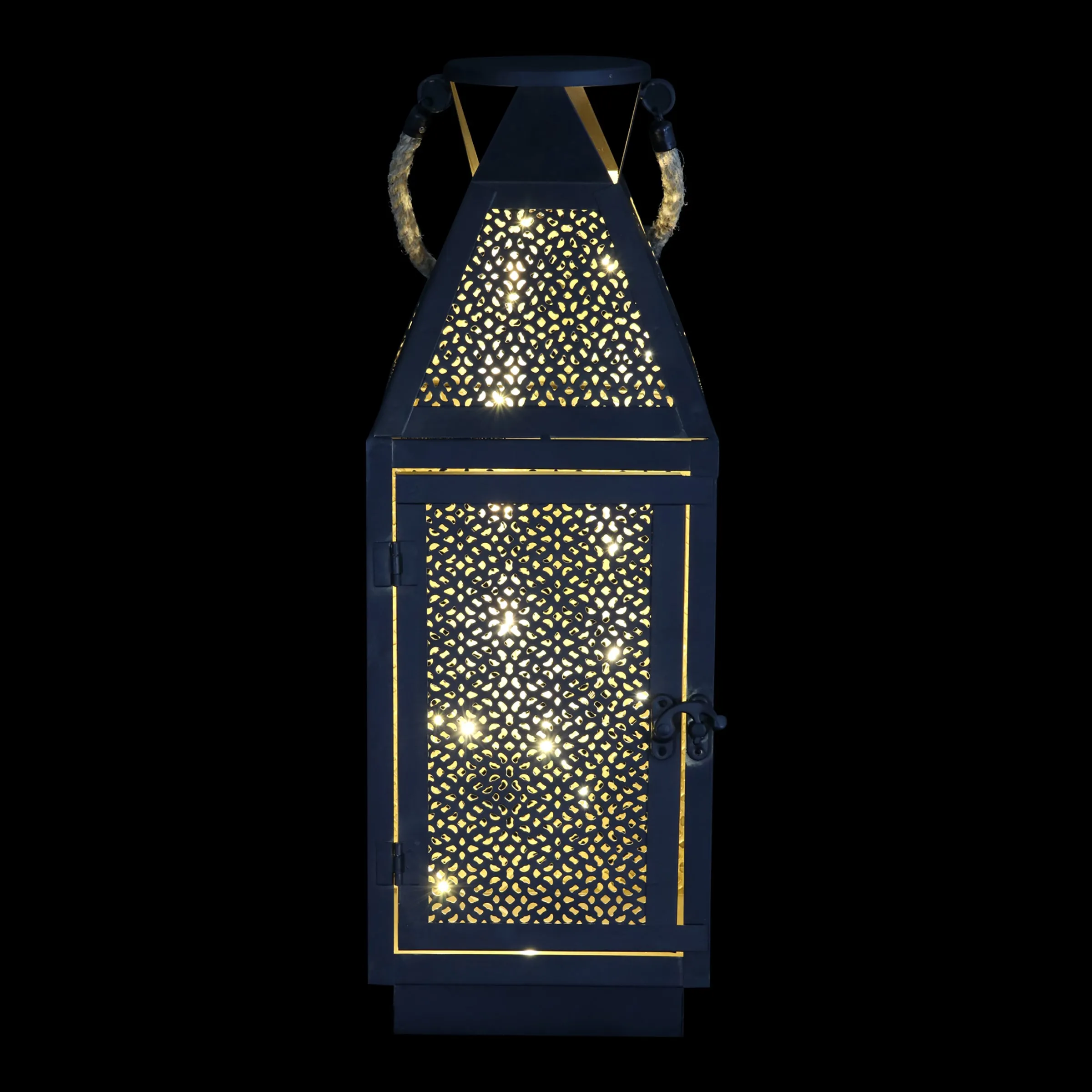 Black Metal Filigree Lantern with Twenty LED Lights on a Battery Timer, 16 Inch