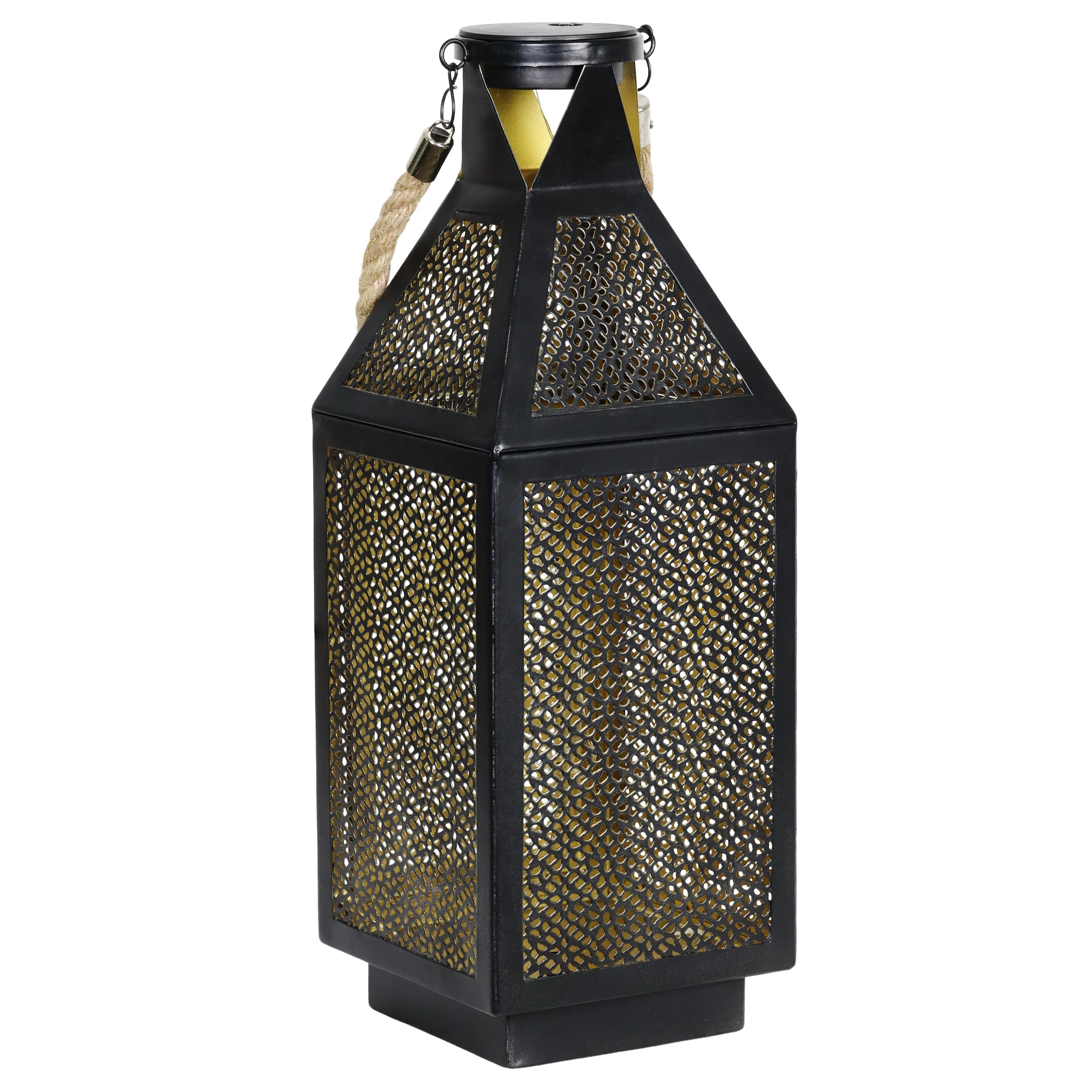 Black Metal Filigree Lantern with Twenty LED Lights on a Battery Timer, 16 Inch