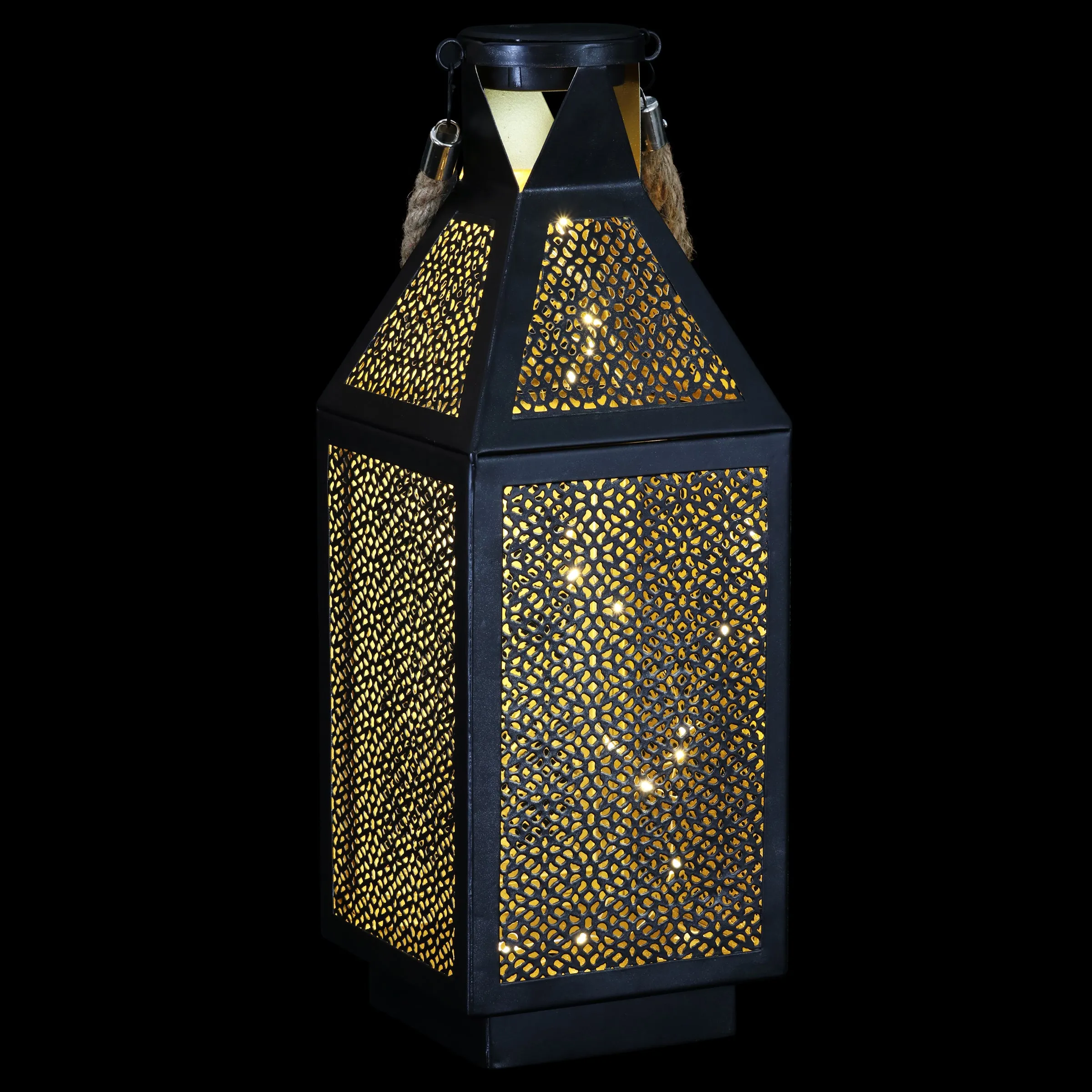 Black Metal Filigree Lantern with Twenty LED Lights on a Battery Timer, 16 Inch