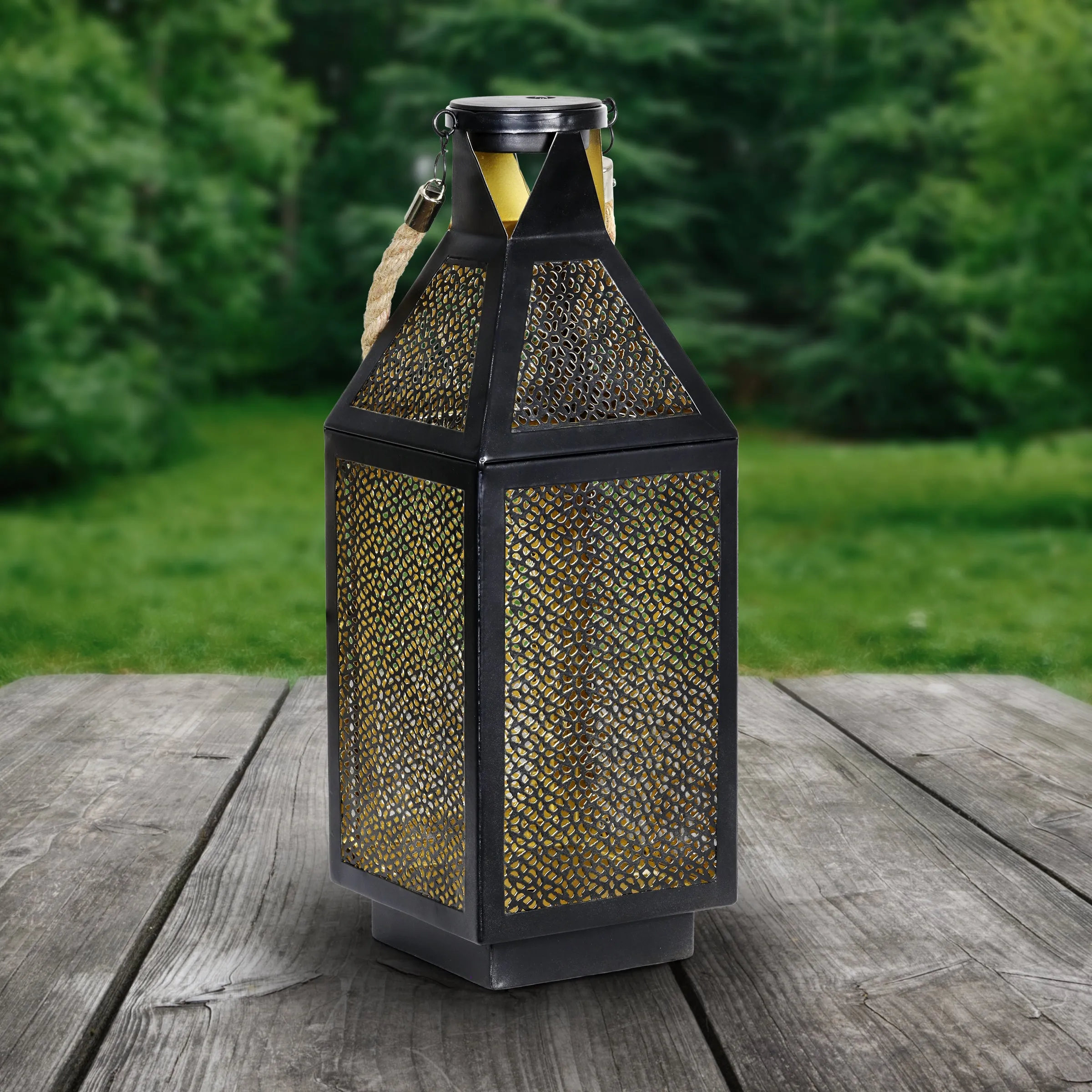 Black Metal Filigree Lantern with Twenty LED Lights on a Battery Timer, 16 Inch