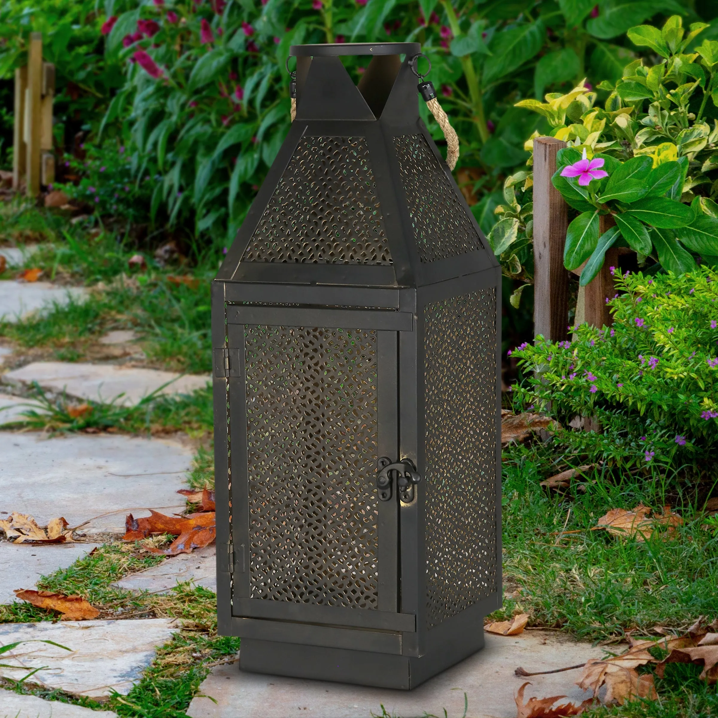 Black Metal Filigree Lantern with Twenty LED Lights on a Battery Timer, 16 Inch