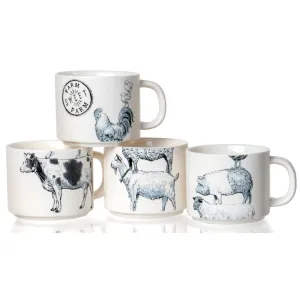 Casual Country Black & White Farm Animals Ceramic Stoneware Stacking Mug - Stackable Tea & Coffee Cups, 10 oz. - Set of 4