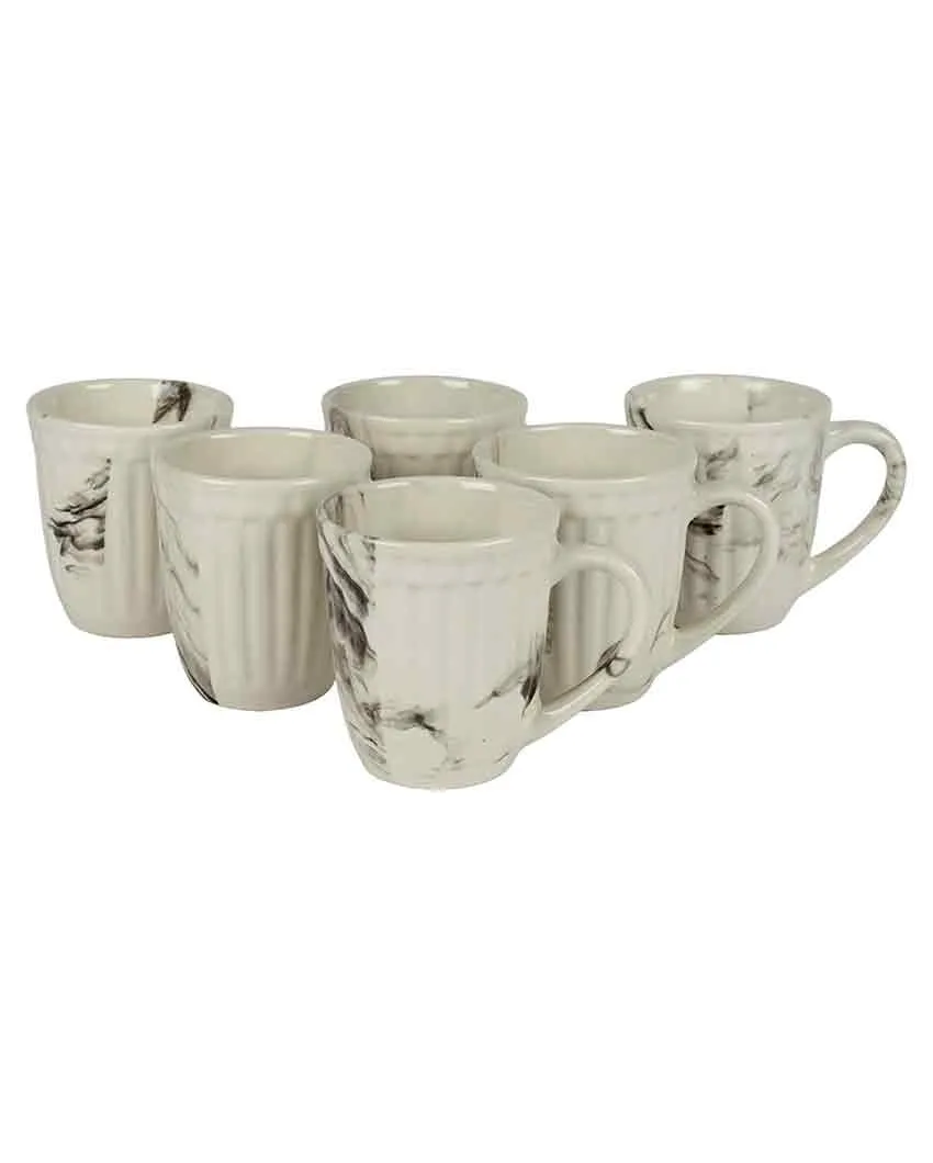 Ceramic White Italian Karela Textured Tea & Coffee Mugs | Set Of 6 | 250 ML