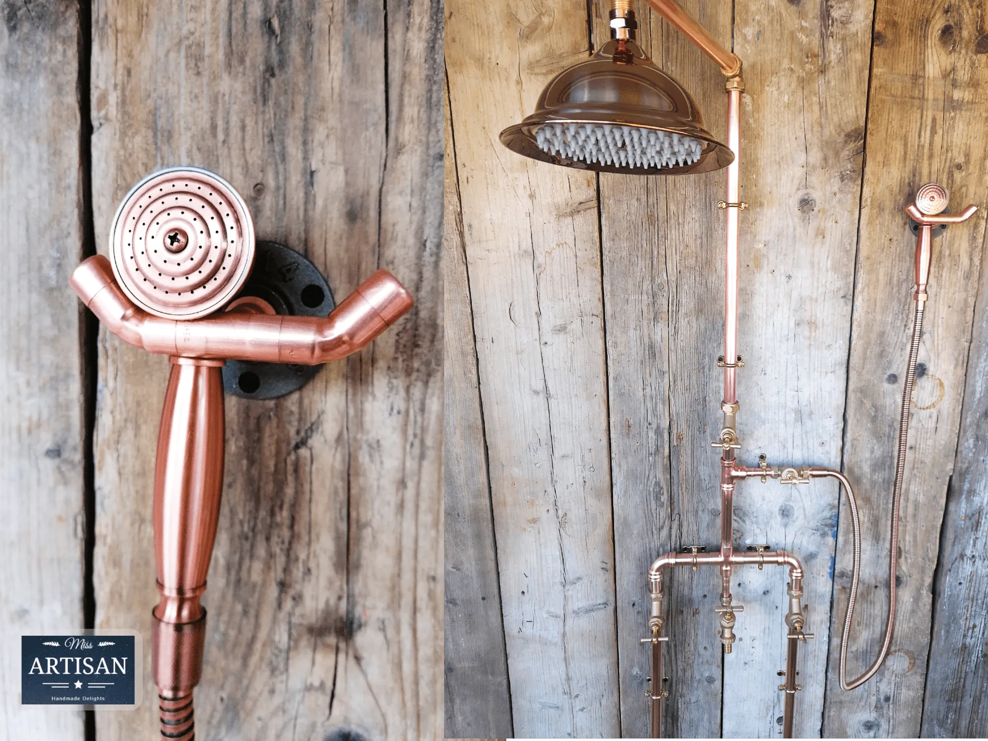 Copper Rainfall Shower With Outside Tap, Down Pipes And Hand Sprayer