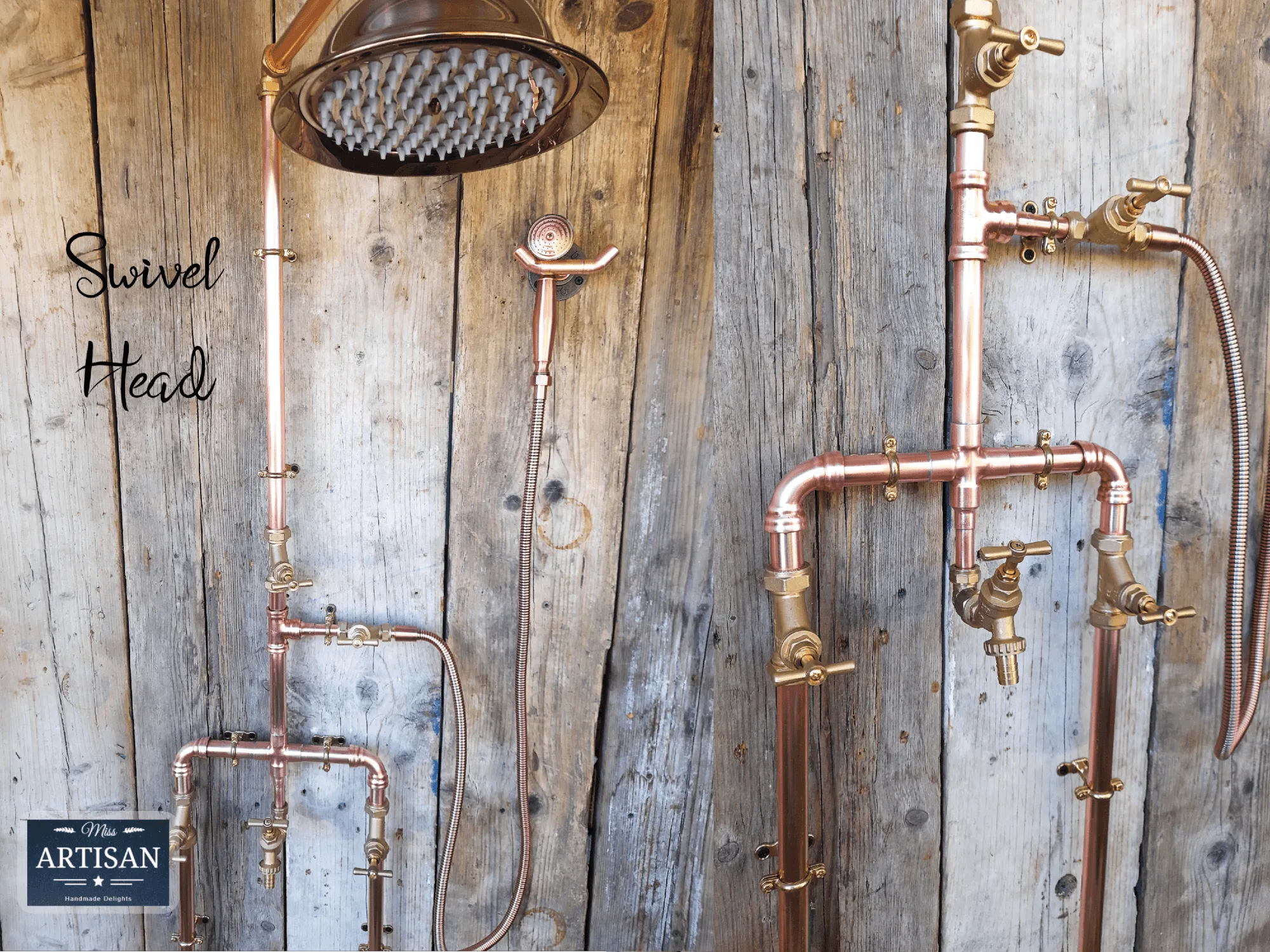 Copper Rainfall Shower With Outside Tap, Down Pipes And Hand Sprayer