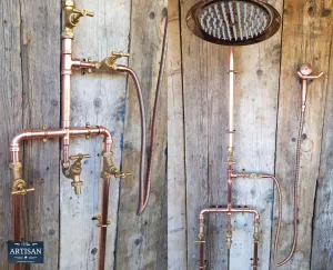 Copper Rainfall Shower With Outside Tap, Down Pipes And Hand Sprayer