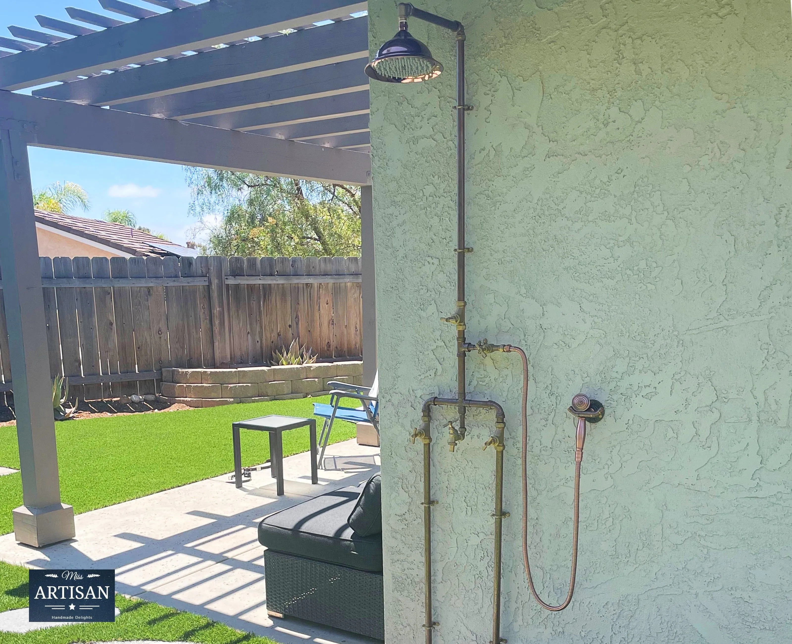 Copper Rainfall Shower With Outside Tap, Down Pipes And Hand Sprayer