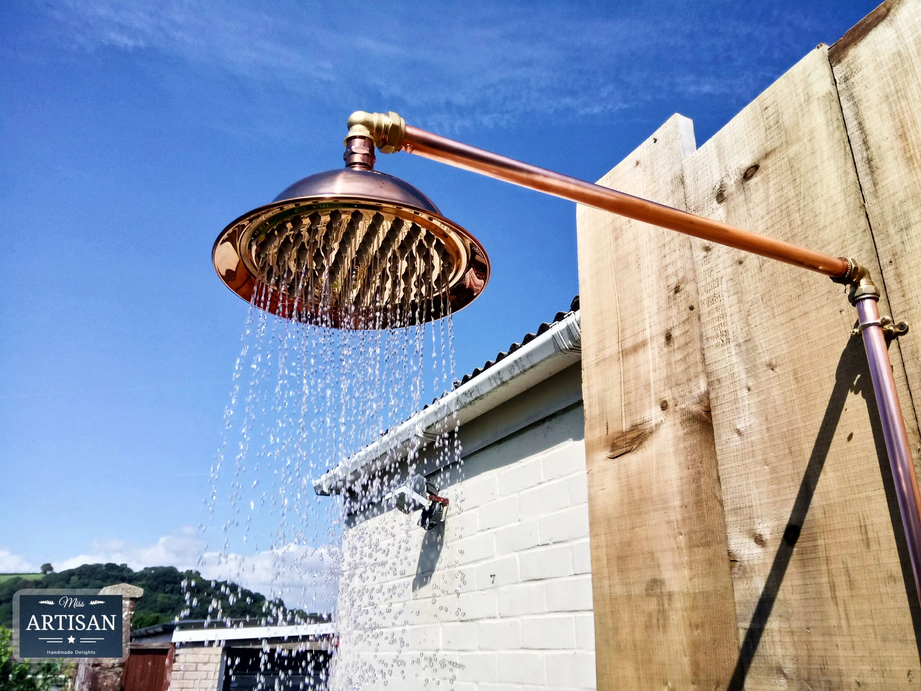 Copper Rainfall Shower With Outside Tap, Down Pipes And Hand Sprayer