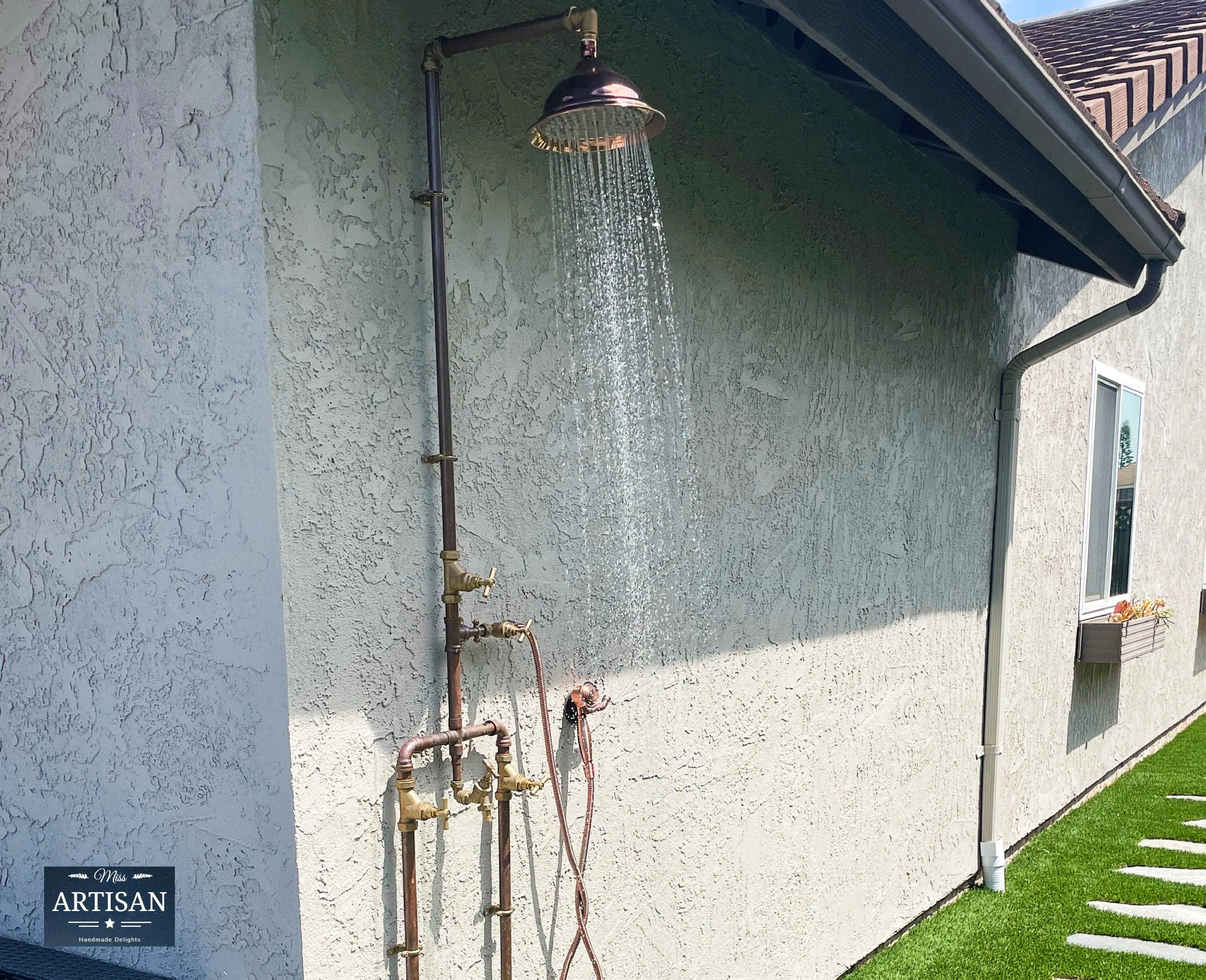 Copper Rainfall Shower With Outside Tap, Down Pipes And Hand Sprayer