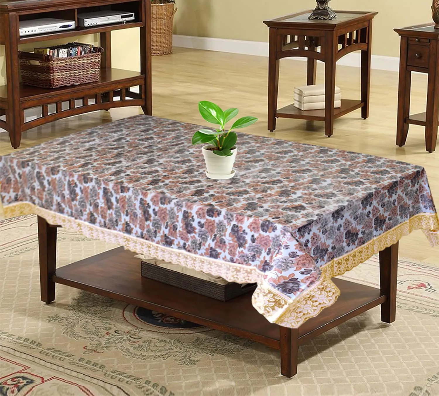 Heart Home Flower Printed PVC Spillproof, Waterproof, Antislip, Wipe Clean 4 Seater Center Table Cover with Gold Lace Border, 40"x60" (Brown)