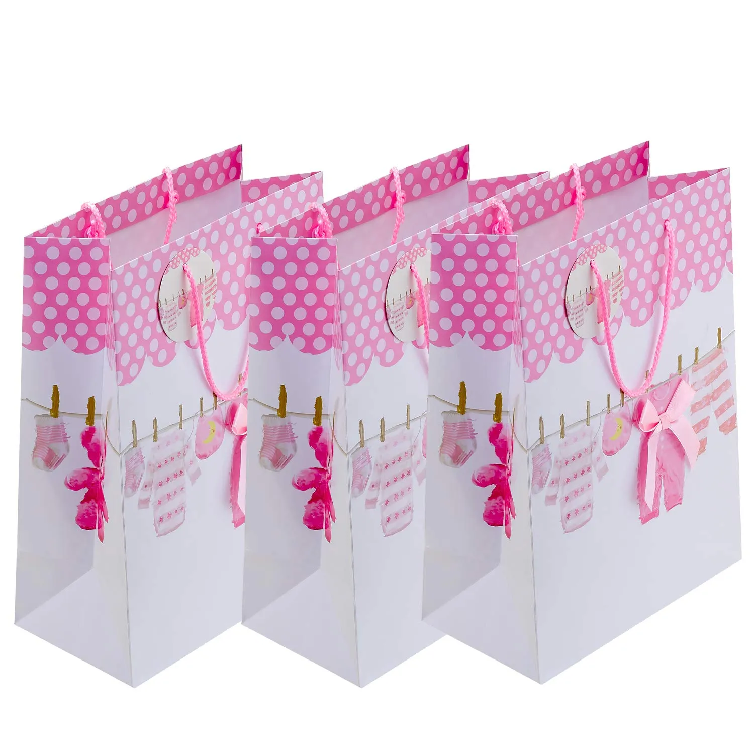 Kicko Large Pink Baby Gift Bags - 3 Pack - 13 Inches, Featuring Onesies, Bibs, Newborn