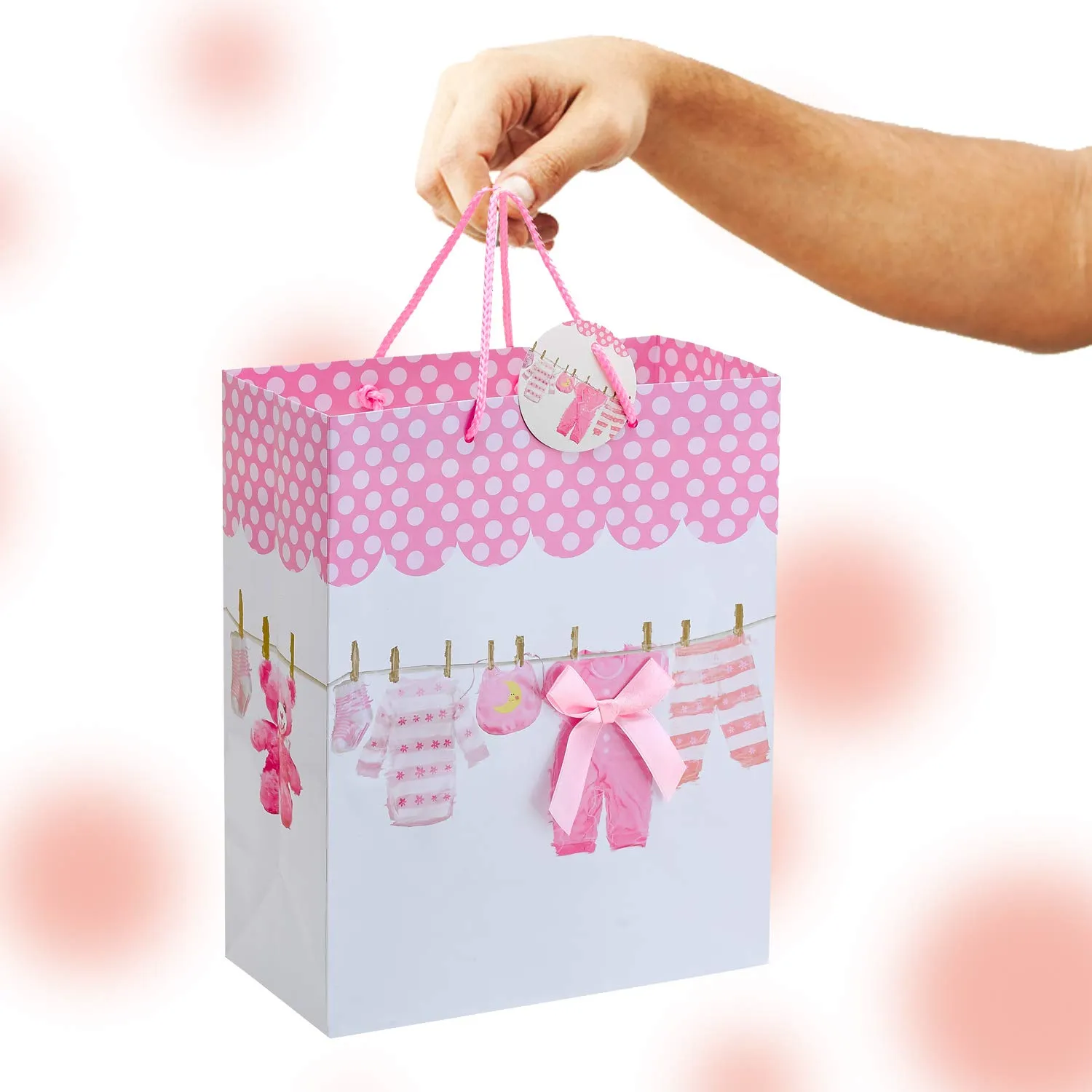 Kicko Large Pink Baby Gift Bags - 3 Pack - 13 Inches, Featuring Onesies, Bibs, Newborn