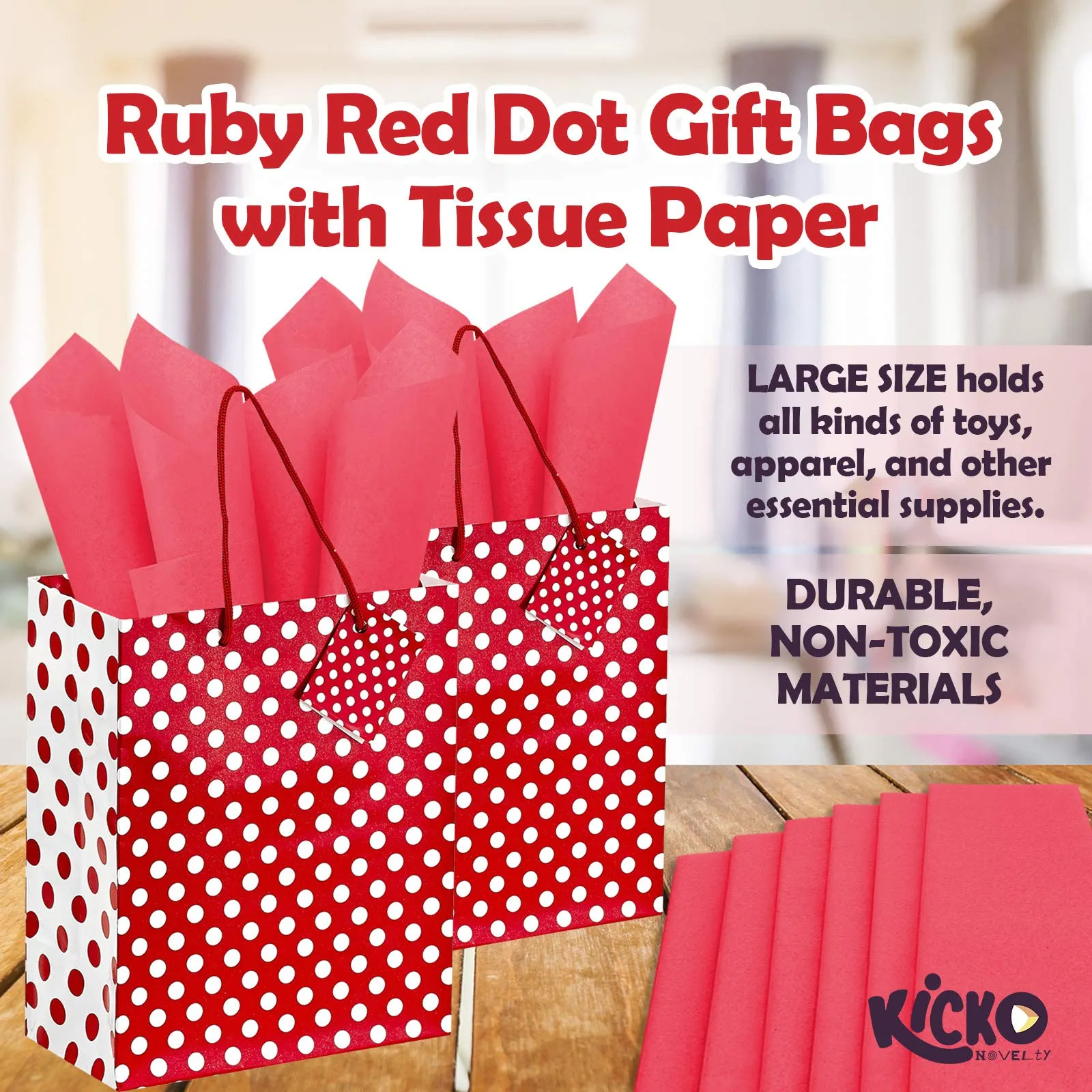 Kicko Ruby Red Dot Gift Bags with Tissue Paper - 13 Pieces - 9 Inches - for Party Favors