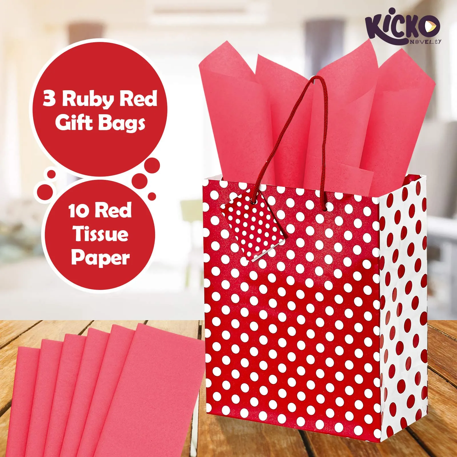 Kicko Ruby Red Dot Gift Bags with Tissue Paper - 13 Pieces - 9 Inches - for Party Favors