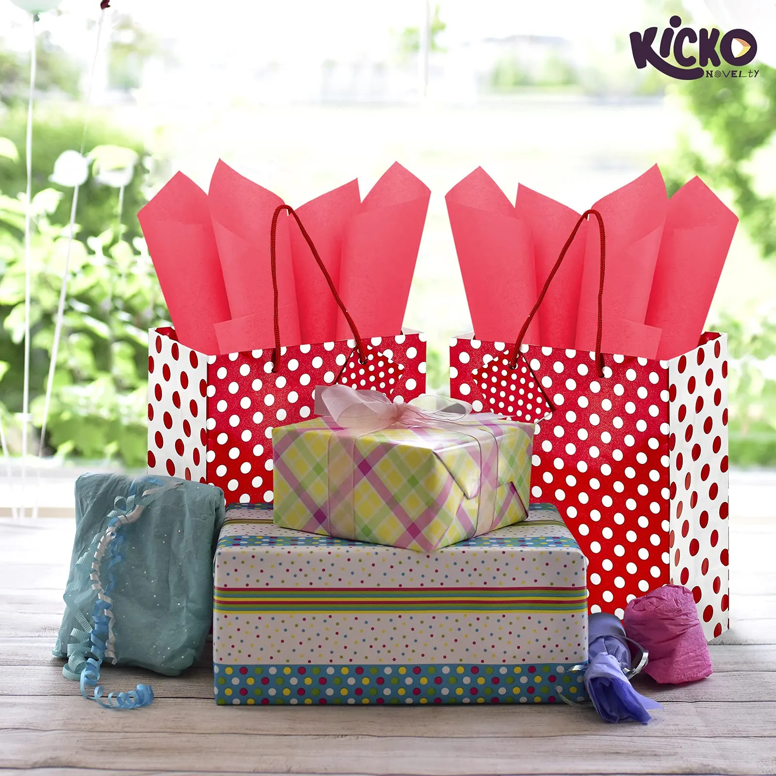 Kicko Ruby Red Dot Gift Bags with Tissue Paper - 13 Pieces - 9 Inches - for Party Favors