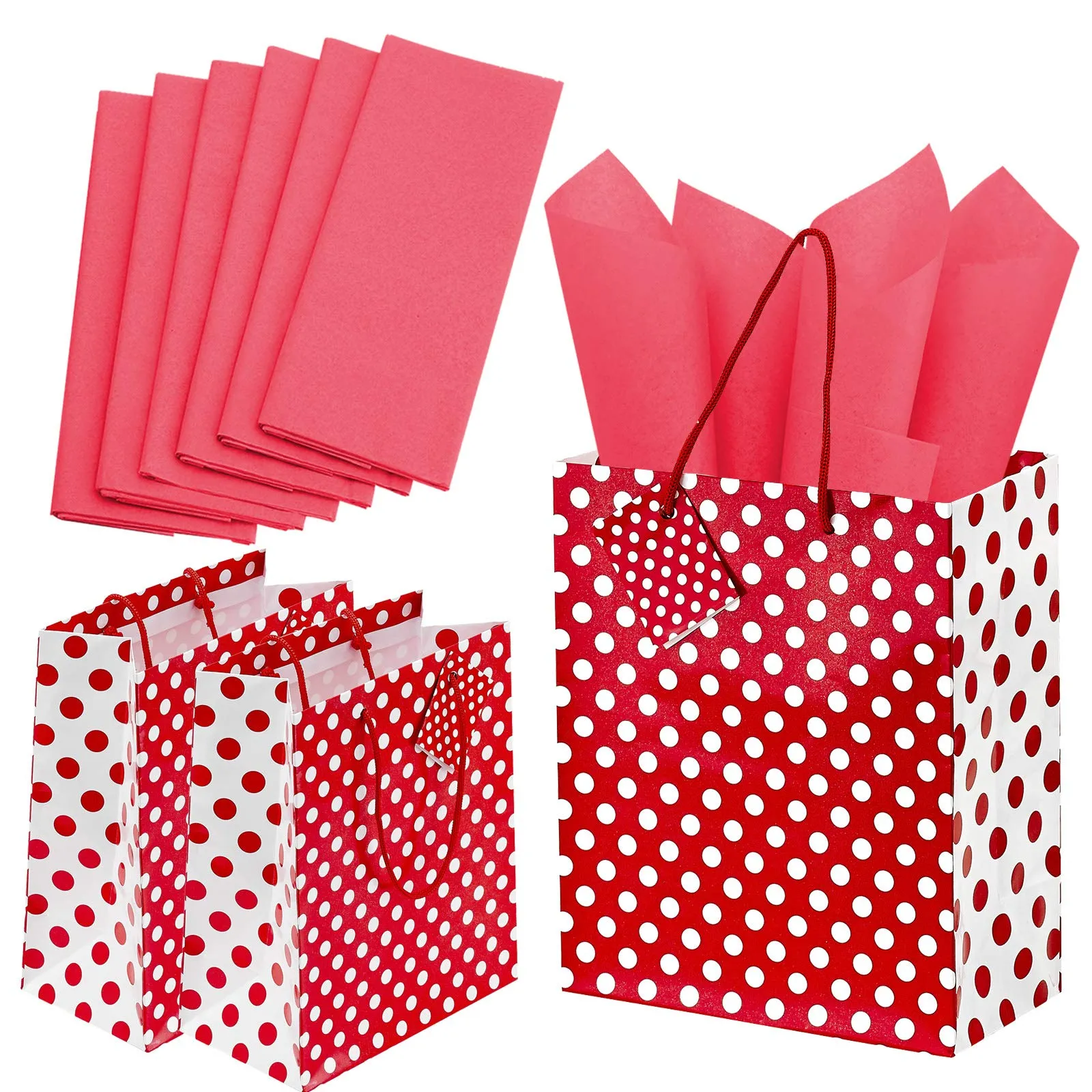 Kicko Ruby Red Dot Gift Bags with Tissue Paper - 13 Pieces - 9 Inches - for Party Favors