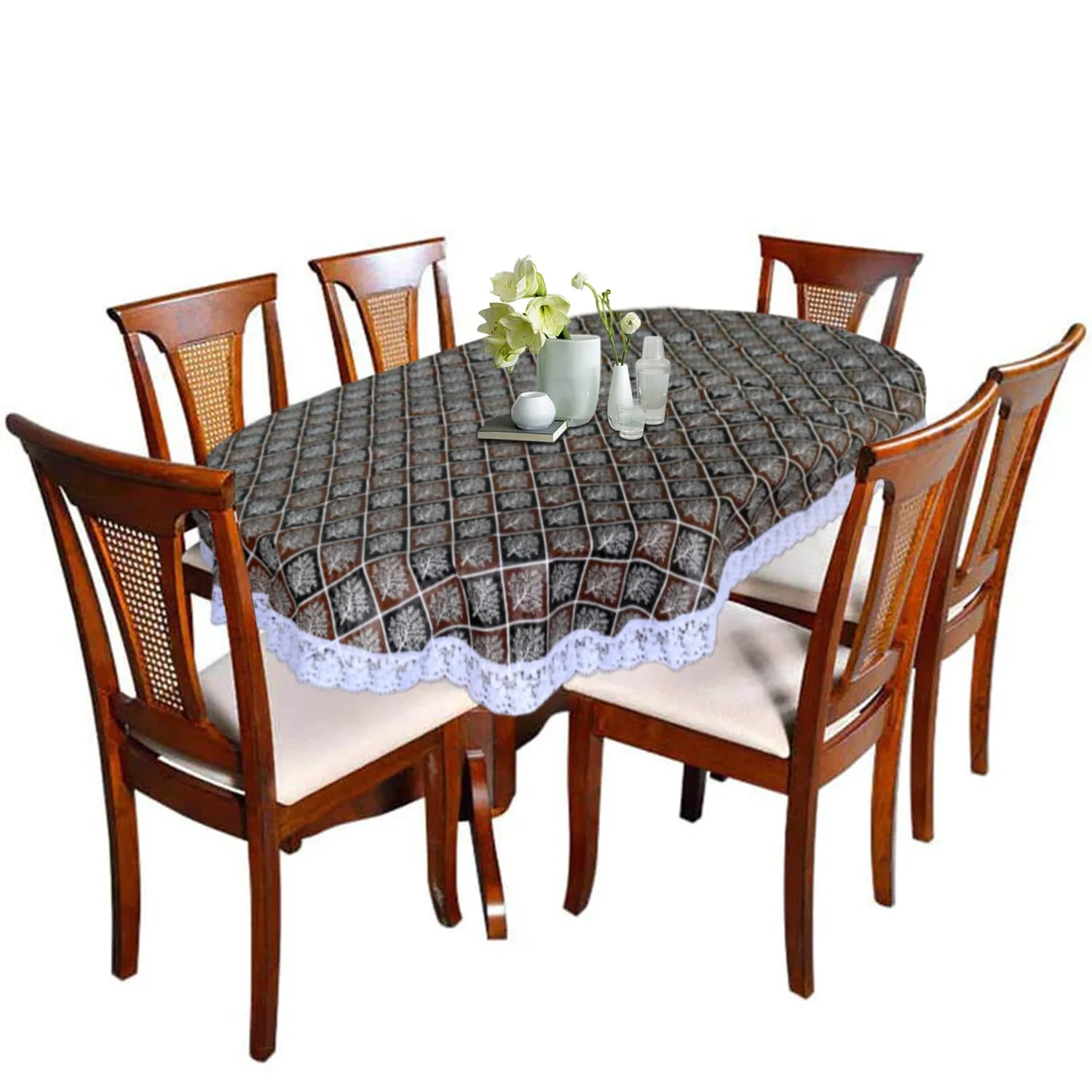 Kuber Industries Leaf Printed PVC 6 Seater Oval Shape Table Cover, Protector with White Lace Border, 60"x90" (Brown & Black)