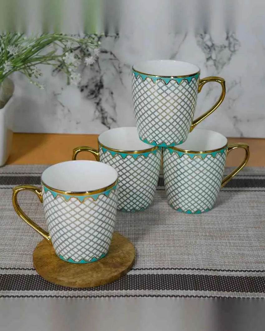 Mesh Premium Golden Teal Pattern Design Ceramic Coffee & Tea Cups | Set of 4 | 160 ML | 3 x 3 inches