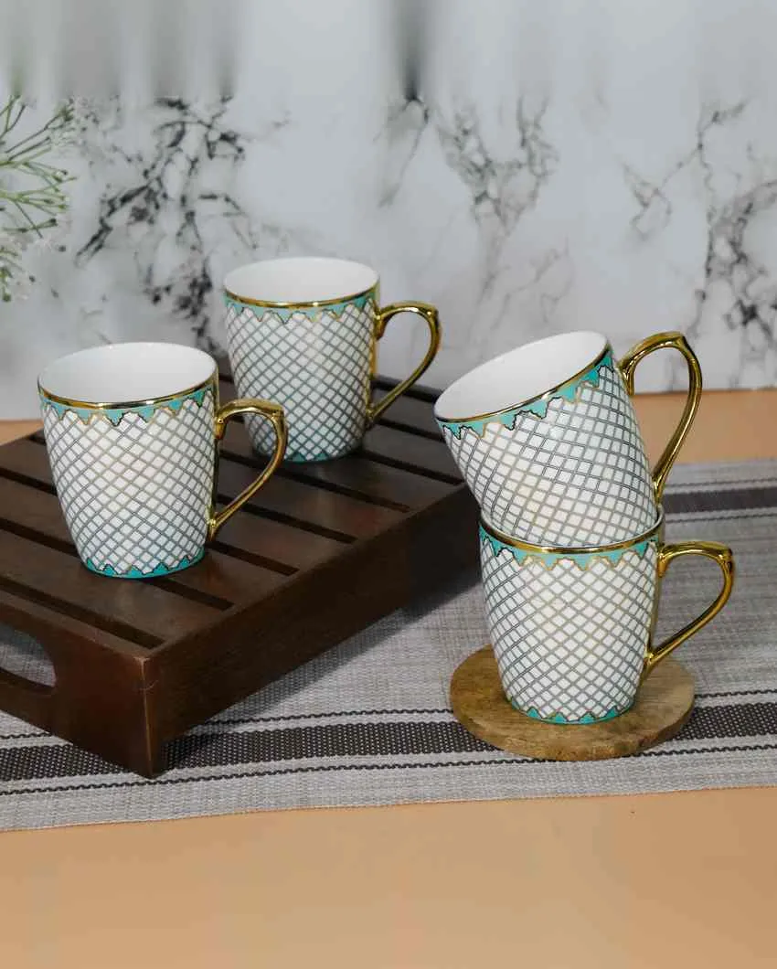 Mesh Premium Golden Teal Pattern Design Ceramic Coffee & Tea Cups | Set of 4 | 160 ML | 3 x 3 inches