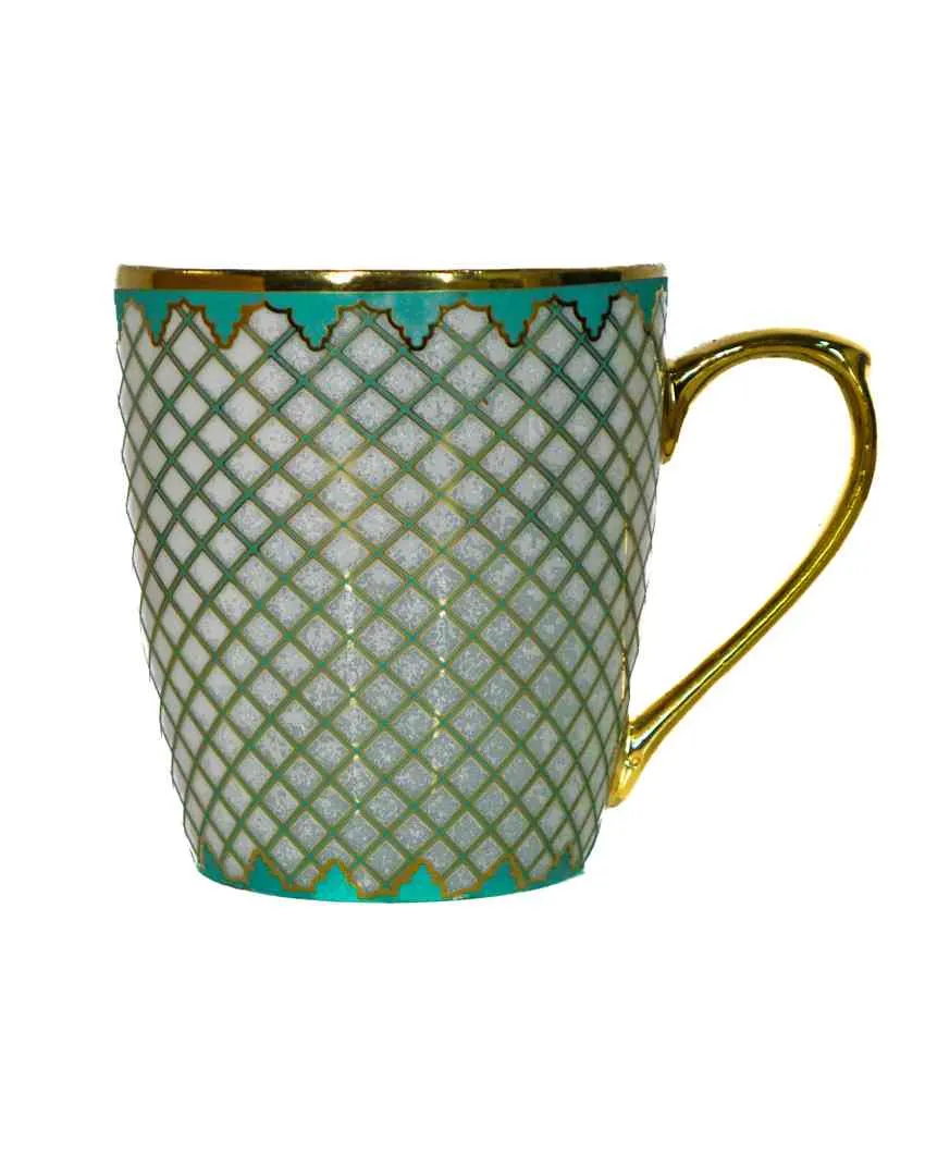 Mesh Premium Golden Teal Pattern Design Ceramic Coffee & Tea Cups | Set of 4 | 160 ML | 3 x 3 inches