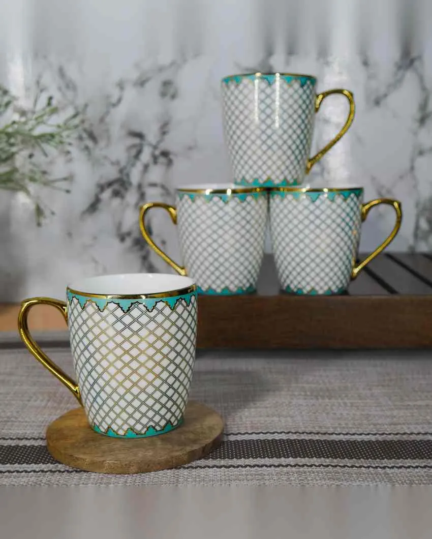 Mesh Premium Golden Teal Pattern Design Ceramic Coffee & Tea Cups | Set of 4 | 160 ML | 3 x 3 inches