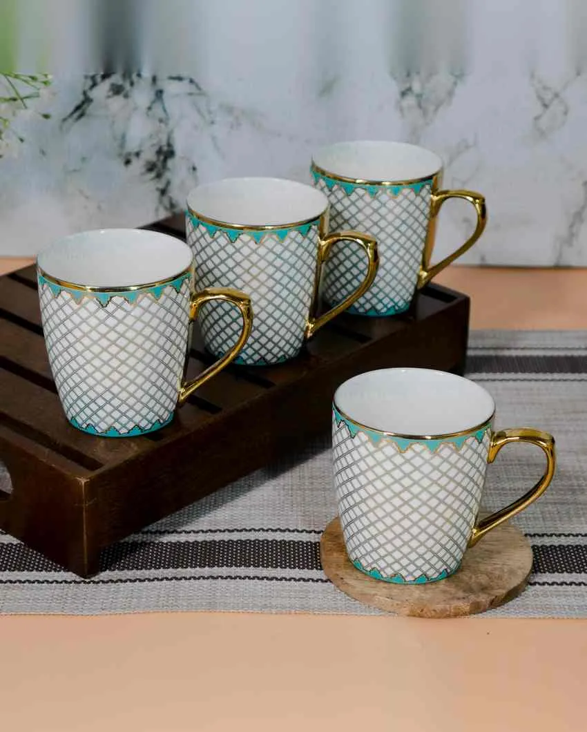 Mesh Premium Golden Teal Pattern Design Ceramic Coffee & Tea Cups | Set of 4 | 160 ML | 3 x 3 inches