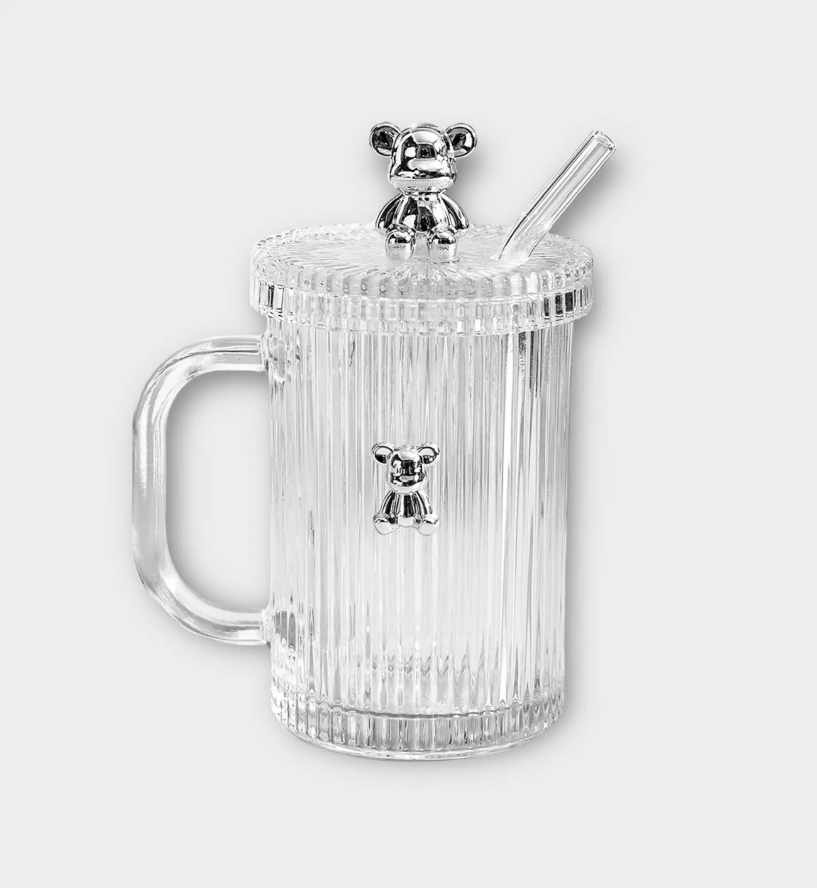 Misty Bear Mug (13oz Classic Vertical Stripes Tea Mug, Ribbed Mugs with Lid)