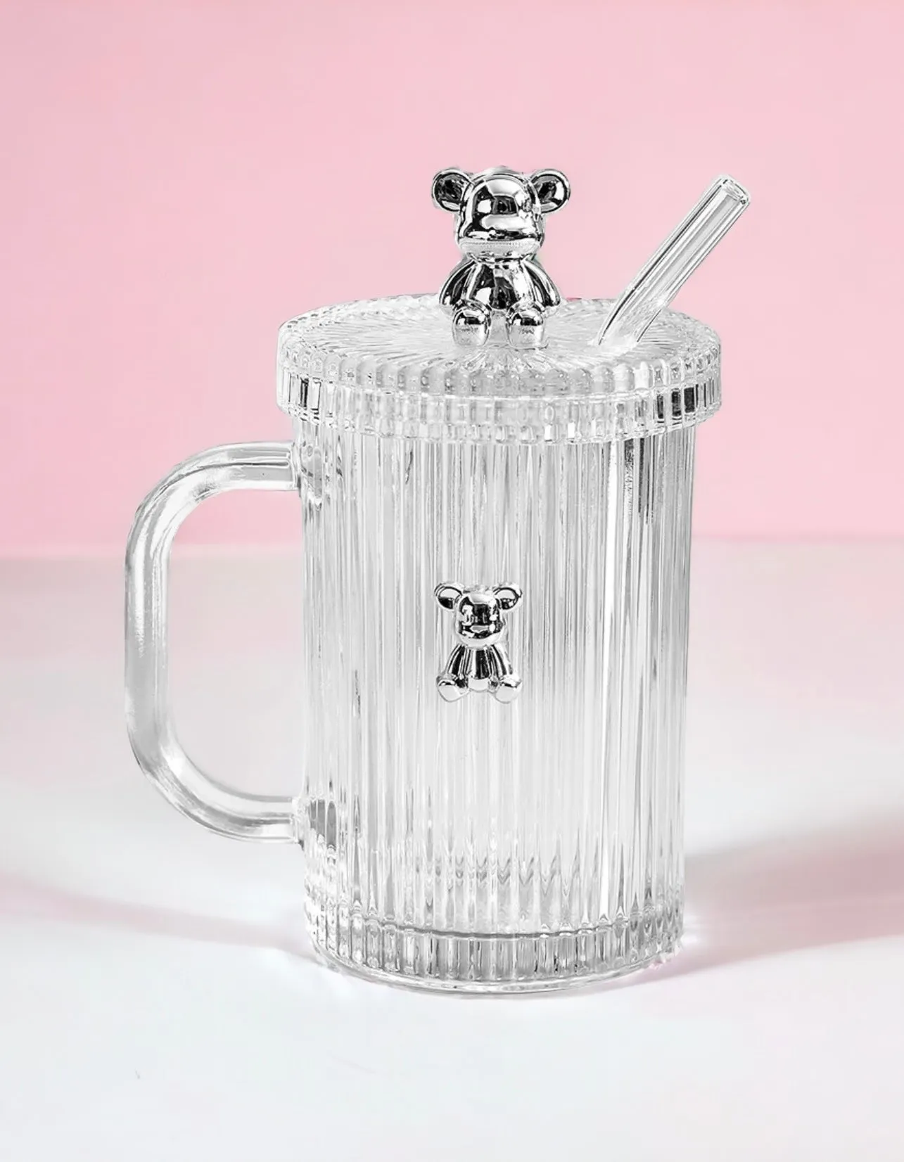 Misty Bear Mug (13oz Classic Vertical Stripes Tea Mug, Ribbed Mugs with Lid)