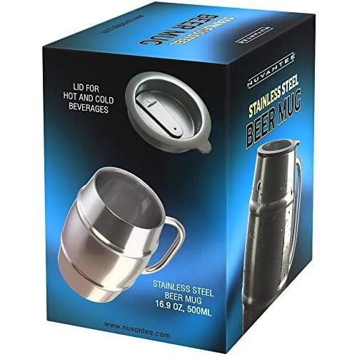 Nuvantee Beer Mug - Premium Stainless Steel Mug/Coffee Cup with Bonus Lid, Silver