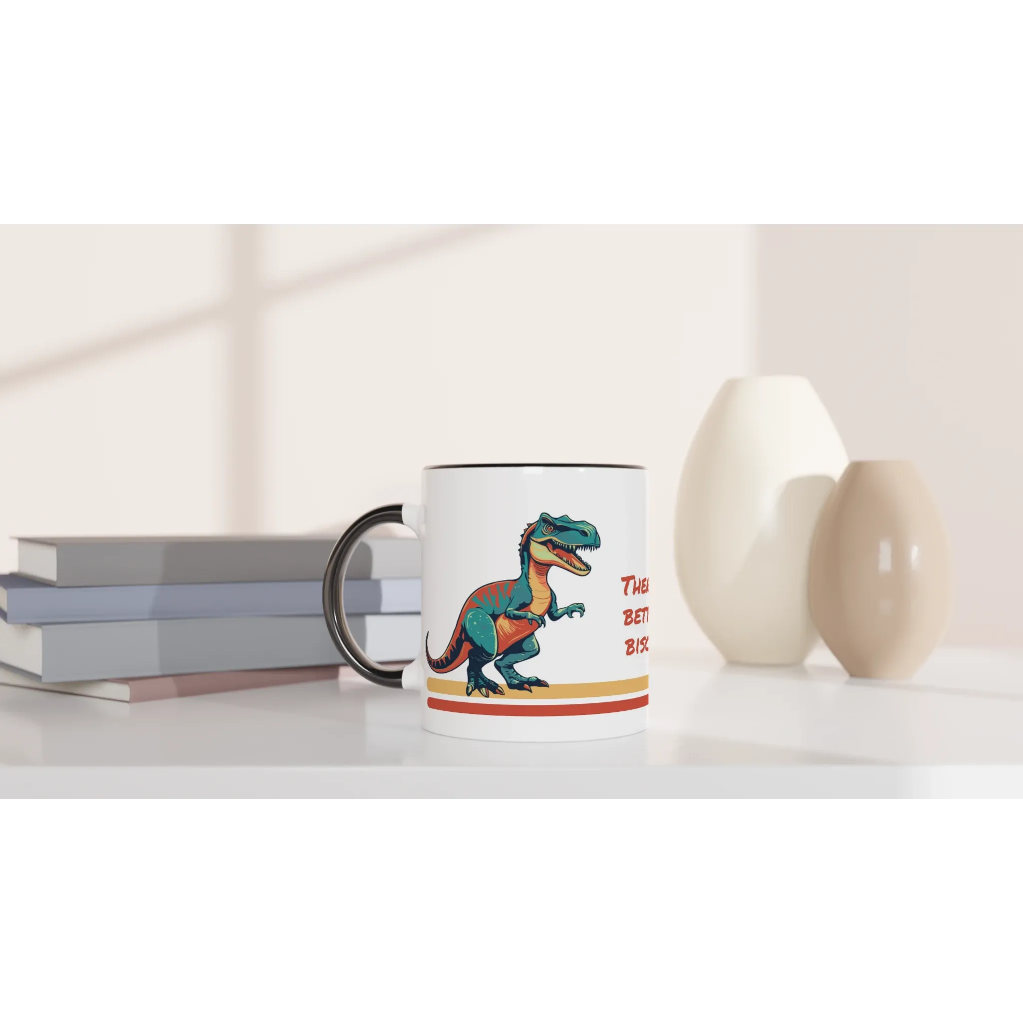 Personalisable White 11oz Ceramic Mug with Colour Inside - T-Rex Biscuits