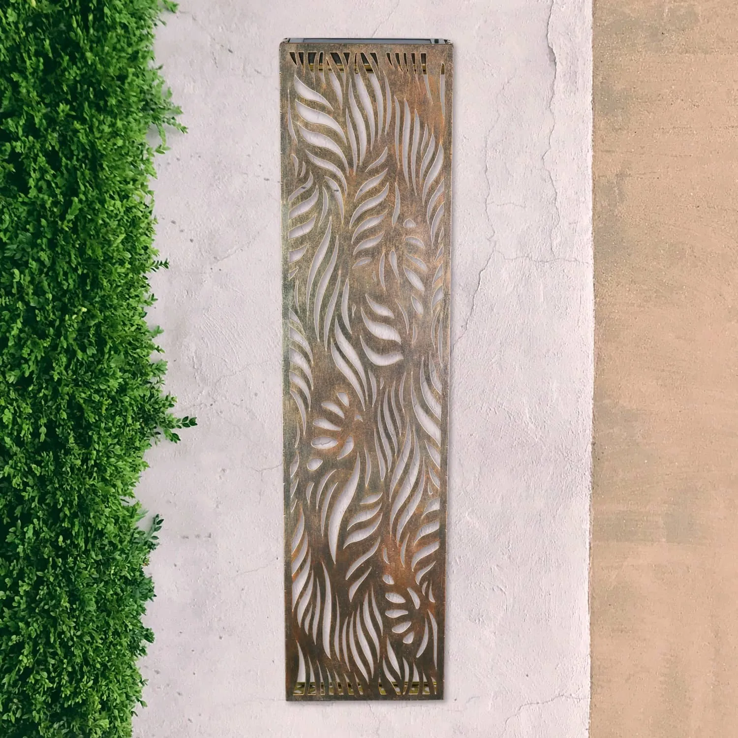 Solar Bronze Metal Filigree Wall Panel Art with Leaf Pattern, 8 x 33 Inches