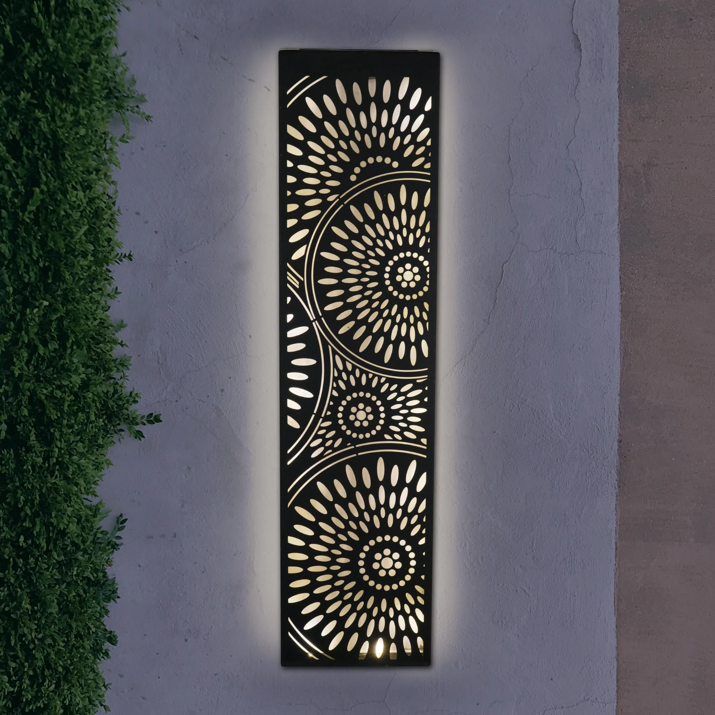 Solar Matte Black Metal Filigree Wall Art with Circle Pattern, 8 x 33 Inches