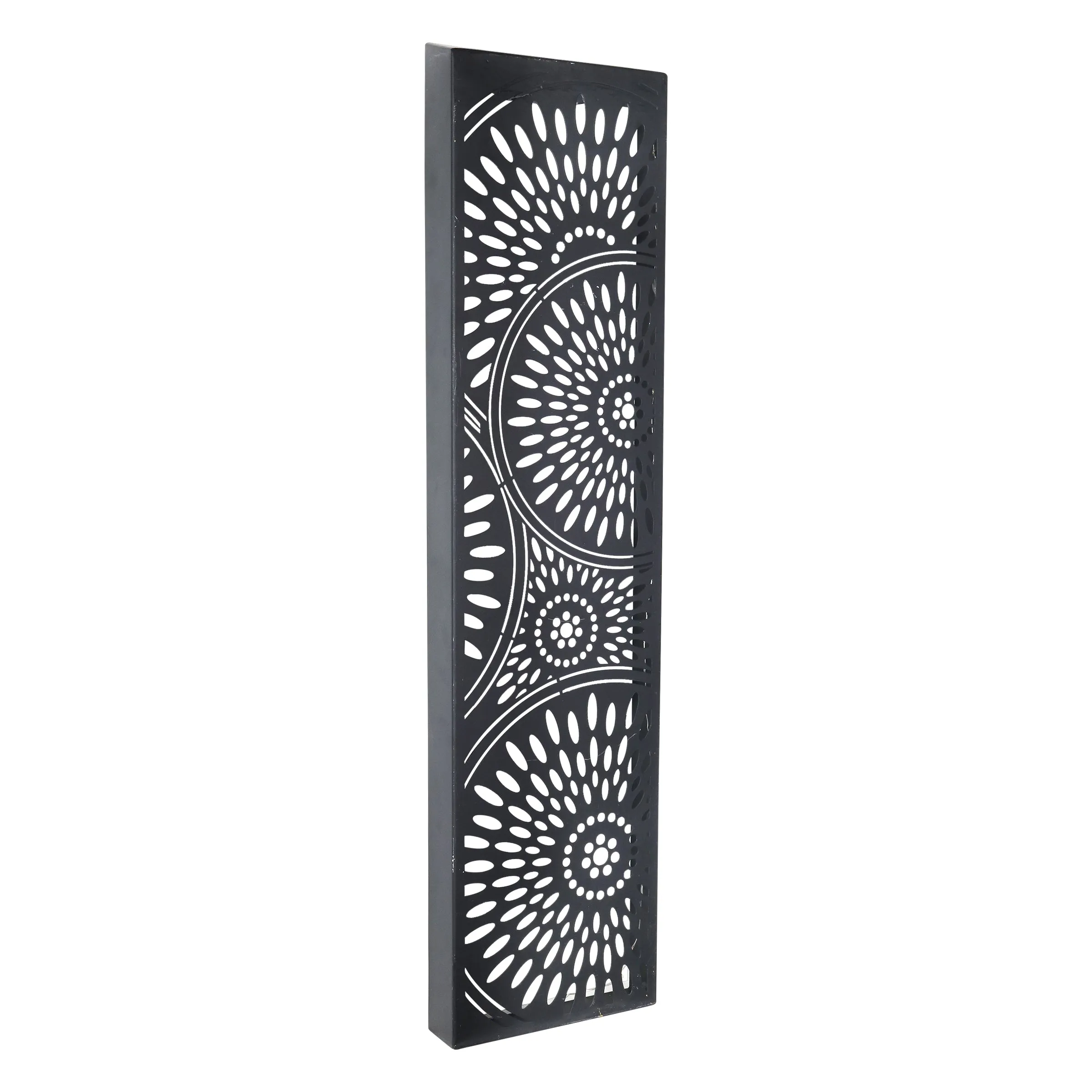 Solar Matte Black Metal Filigree Wall Art with Circle Pattern, 8 x 33 Inches