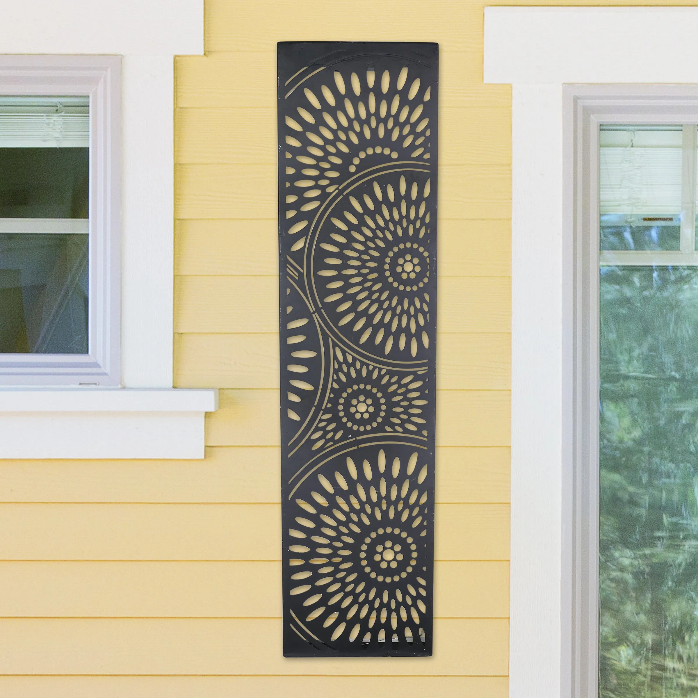 Solar Matte Black Metal Filigree Wall Art with Circle Pattern, 8 x 33 Inches