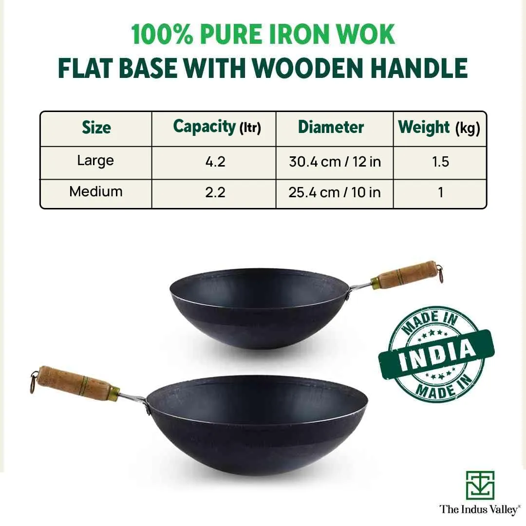 The Indus Valley Pre-Seasoned Iron Wok with Strong Wooden Handle | Small, 25.4cm/10 inch, 2.2Ltr, 1kg | Gas Compatible | Pre-Seasoned Wok, 100% Pure & Toxin-Free, No Chemical Coating