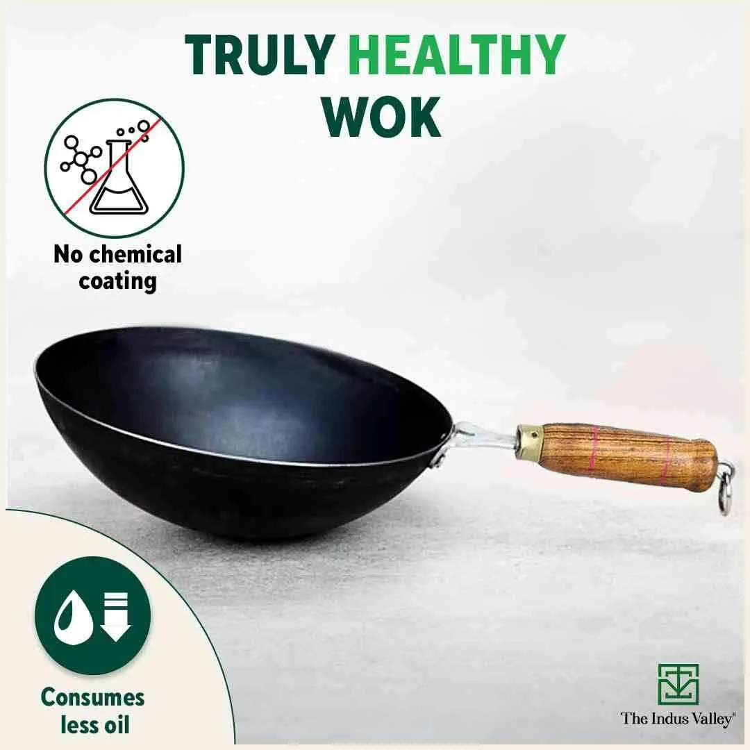 The Indus Valley Pre-Seasoned Iron Wok with Strong Wooden Handle | Small, 25.4cm/10 inch, 2.2Ltr, 1kg | Gas Compatible | Pre-Seasoned Wok, 100% Pure & Toxin-Free, No Chemical Coating