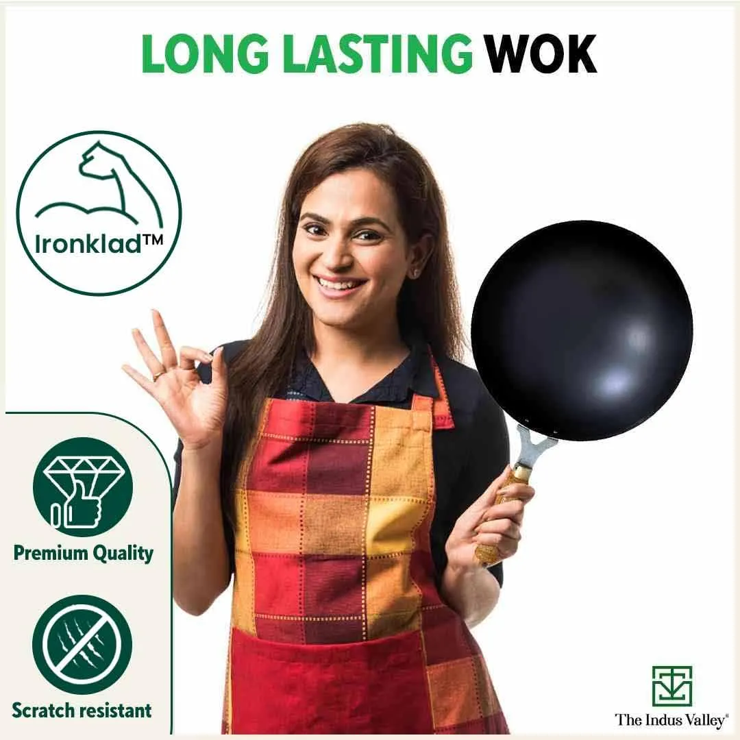 The Indus Valley Pre-Seasoned Iron Wok with Strong Wooden Handle | Small, 25.4cm/10 inch, 2.2Ltr, 1kg | Gas Compatible | Pre-Seasoned Wok, 100% Pure & Toxin-Free, No Chemical Coating