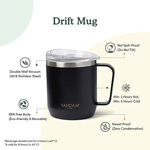 VAHDAM Drift Black Hot Coffee Mug with Lid 300 ml | FDA Approved 18/8 Stainless Steel Tea Mug | ECO-Friendly & Sustainable Mug to Carry Hot & Cold Beverage | Travel Mug for Tea Coffee