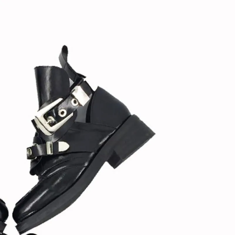 Vintage Motorcycle Boots Women  Buckle Strap Punk Ankle Boots