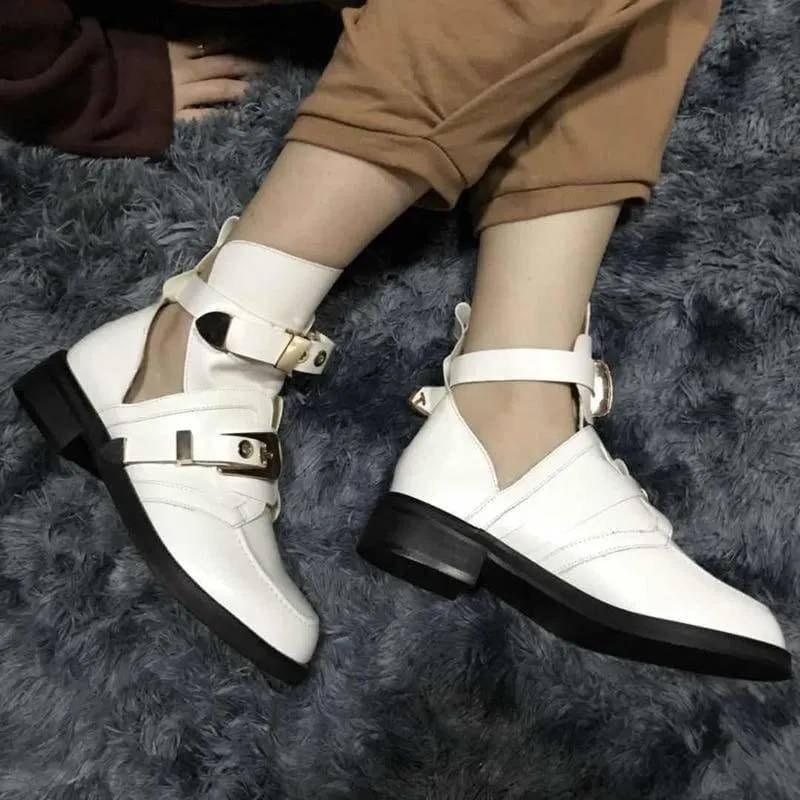 Vintage Motorcycle Boots Women  Buckle Strap Punk Ankle Boots