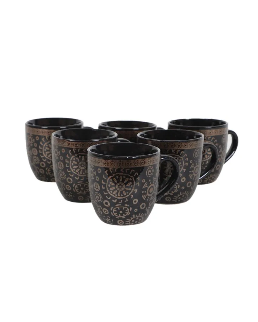 Violeta Black Abstract Print Ceramic Tea Coffee Mugs | 200 ml | Set Of 6